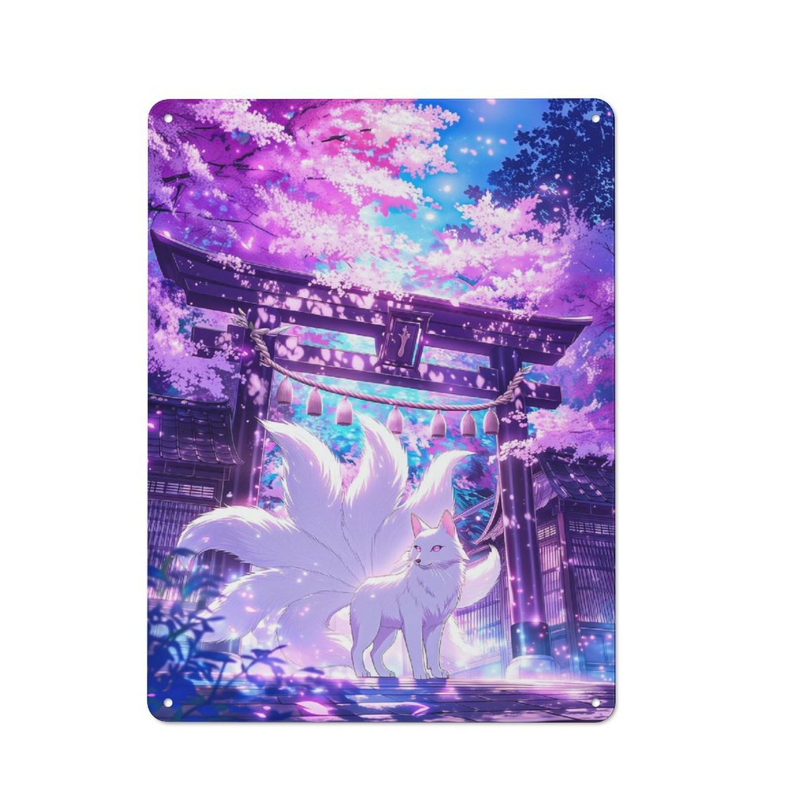 Junmoney Style-1 Classic Kitsune Under Cherry Blossoms Metal Wall Plaque 40X30cm, Retro Room Decor For Bedroom, Office, Home Bar Or Dining Room