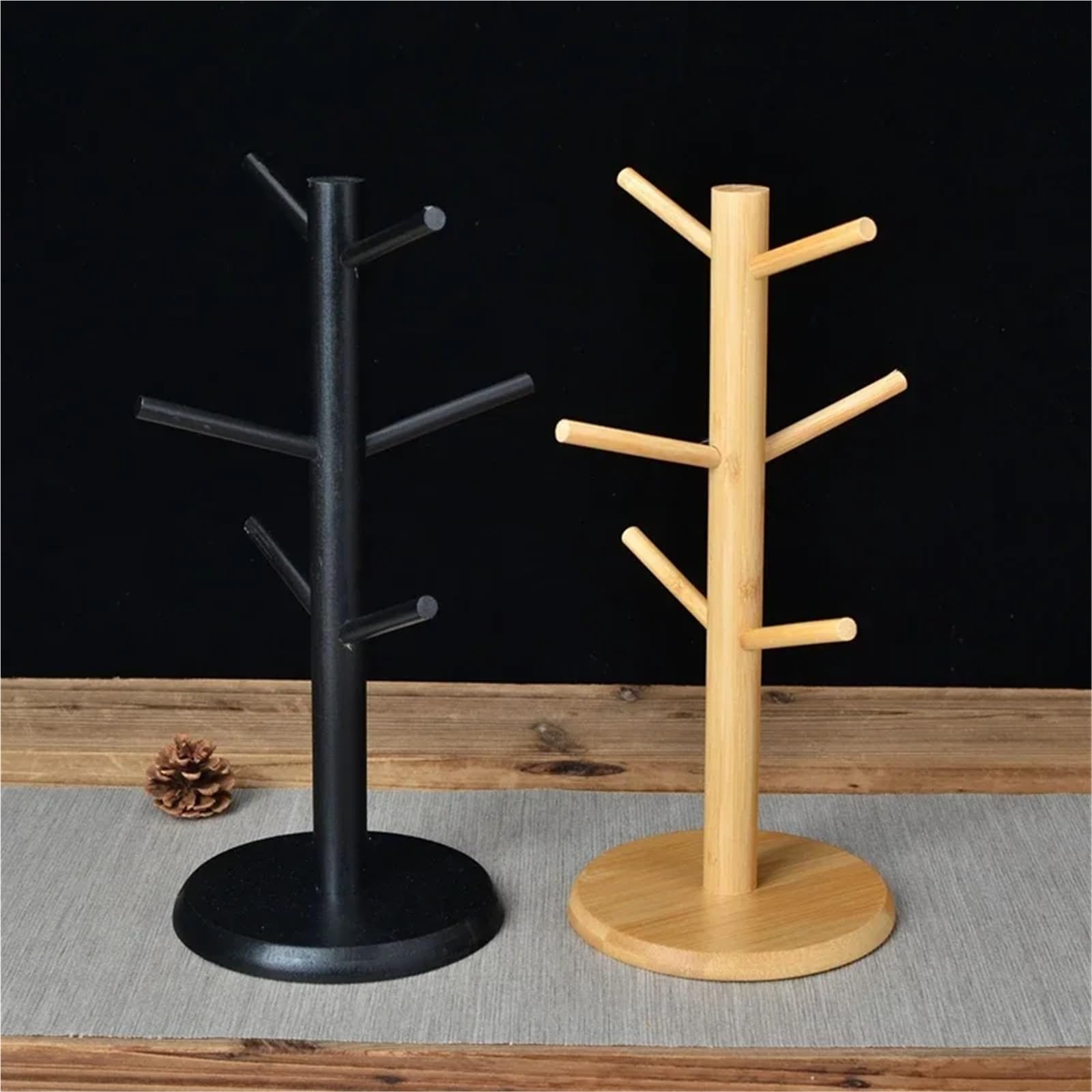 Becherhalter Baum Becher-Hängeregal, Getränkeregal mit 6 Haken, Baumform, Holz, Kaffee-/Teetassen-Aufbewahrungshalter, Ständer(Black)