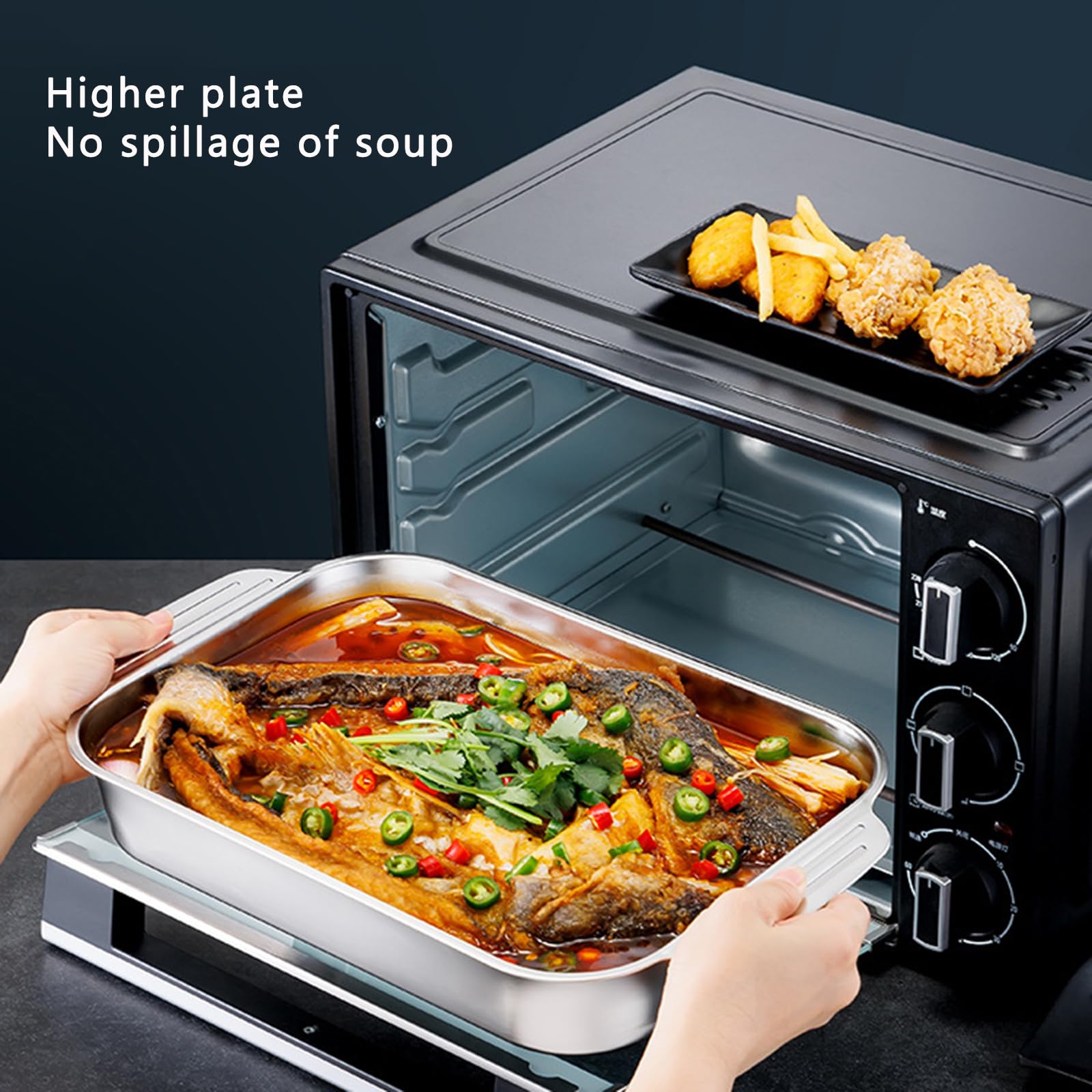 Bandeja rectangular de acero inoxidable para lasaña, 5 tamaños, bandeja profunda para hornear pasteles, galletas, plato de comida para hornear panes, pavo, pescado, verduras (45 cm, poco profunda)