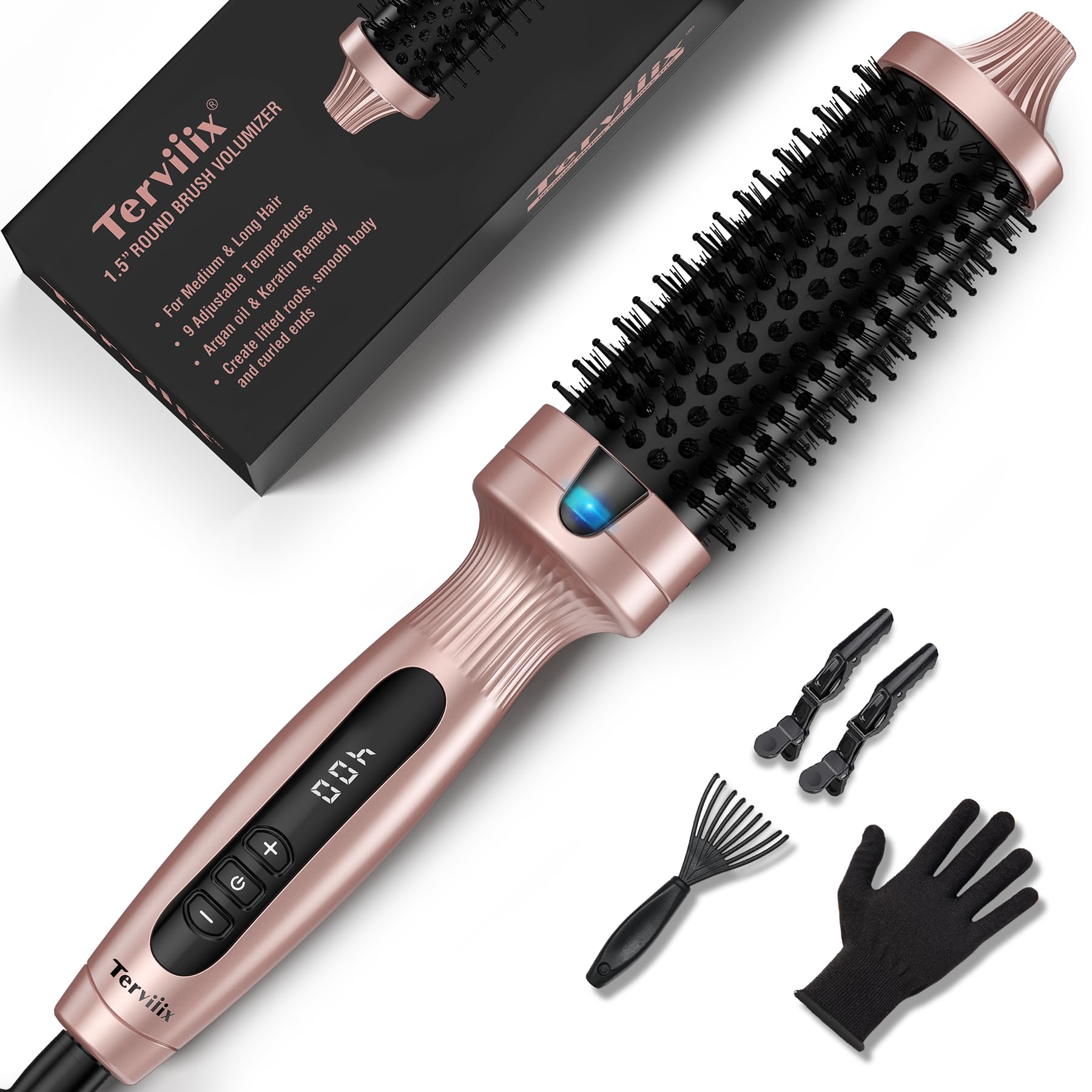 Terviiix 1.5 Inch Thermal Brush Create Blowout Look, Get Loose & Volume Layer Hair, Ceramic Tourmaline Ionic Hot Brush Heated Curling Brush, Digital Display 9 Temperatures Curling Iron, Dual Voltage