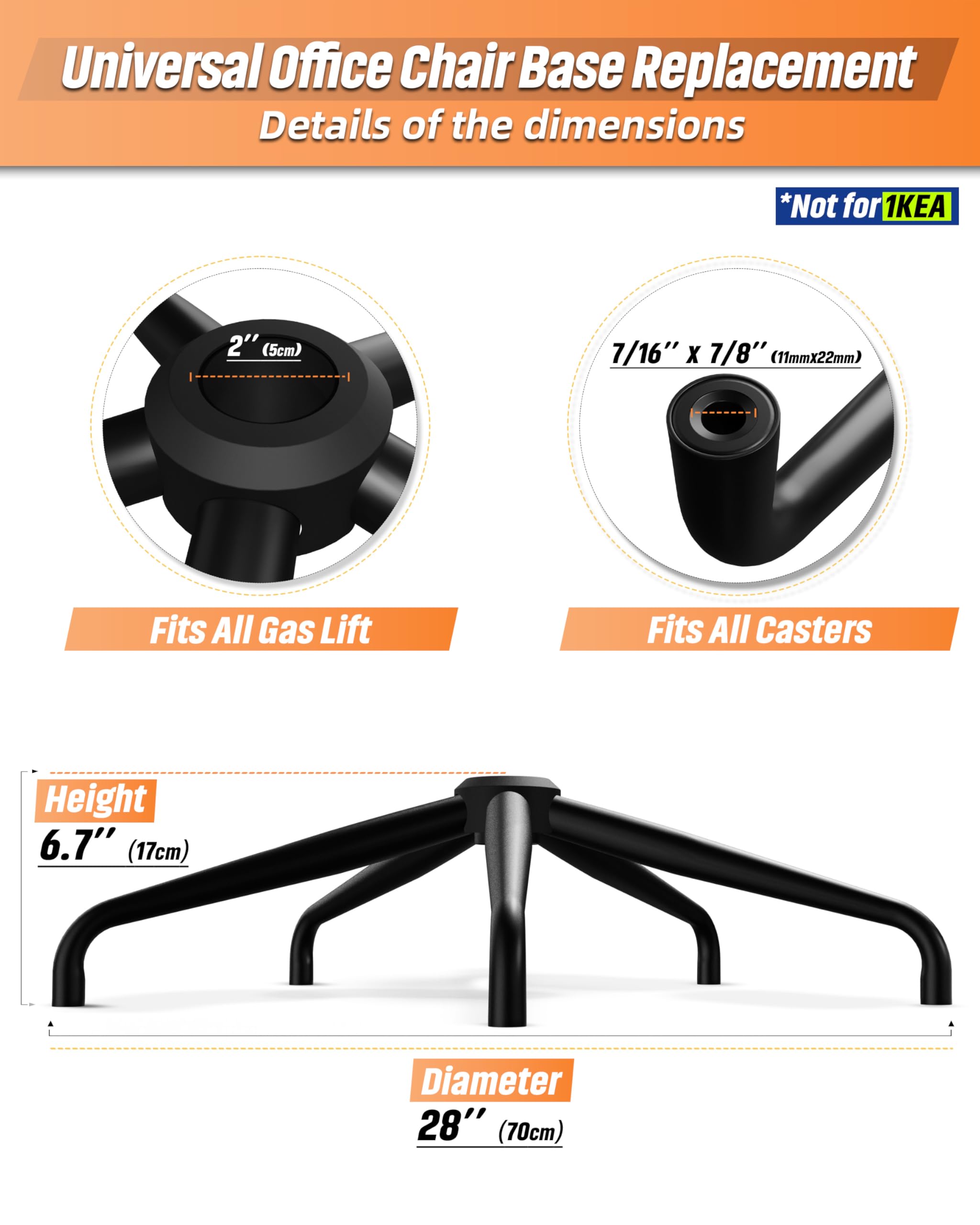Sytopia Base di sedia girevole a croce da 71,1 cm, piedi in metallo robusto da 17,9 cm di altezza (capacità di 1 179,3 kg), fondo per sedia da ufficio universale con cilindro a gas standard e boccole
