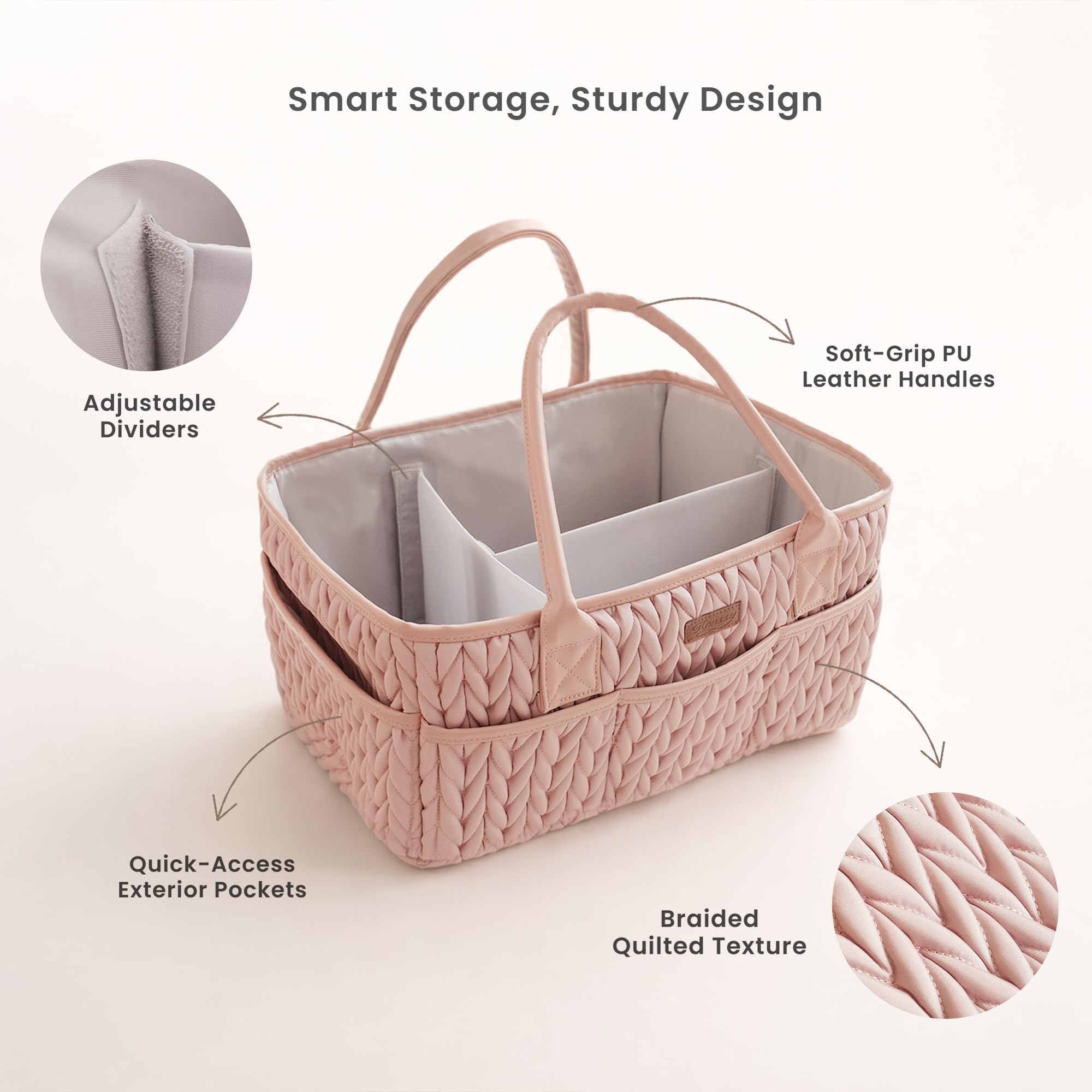 Konssy Braided Quilted Diaper Caddy Organizer, Boho Nursery Storage Basket with PU Leather Handles, Water-Repellent Portable Diaper Basket for Changing Table, Newborn Essentials (Blush) - 4