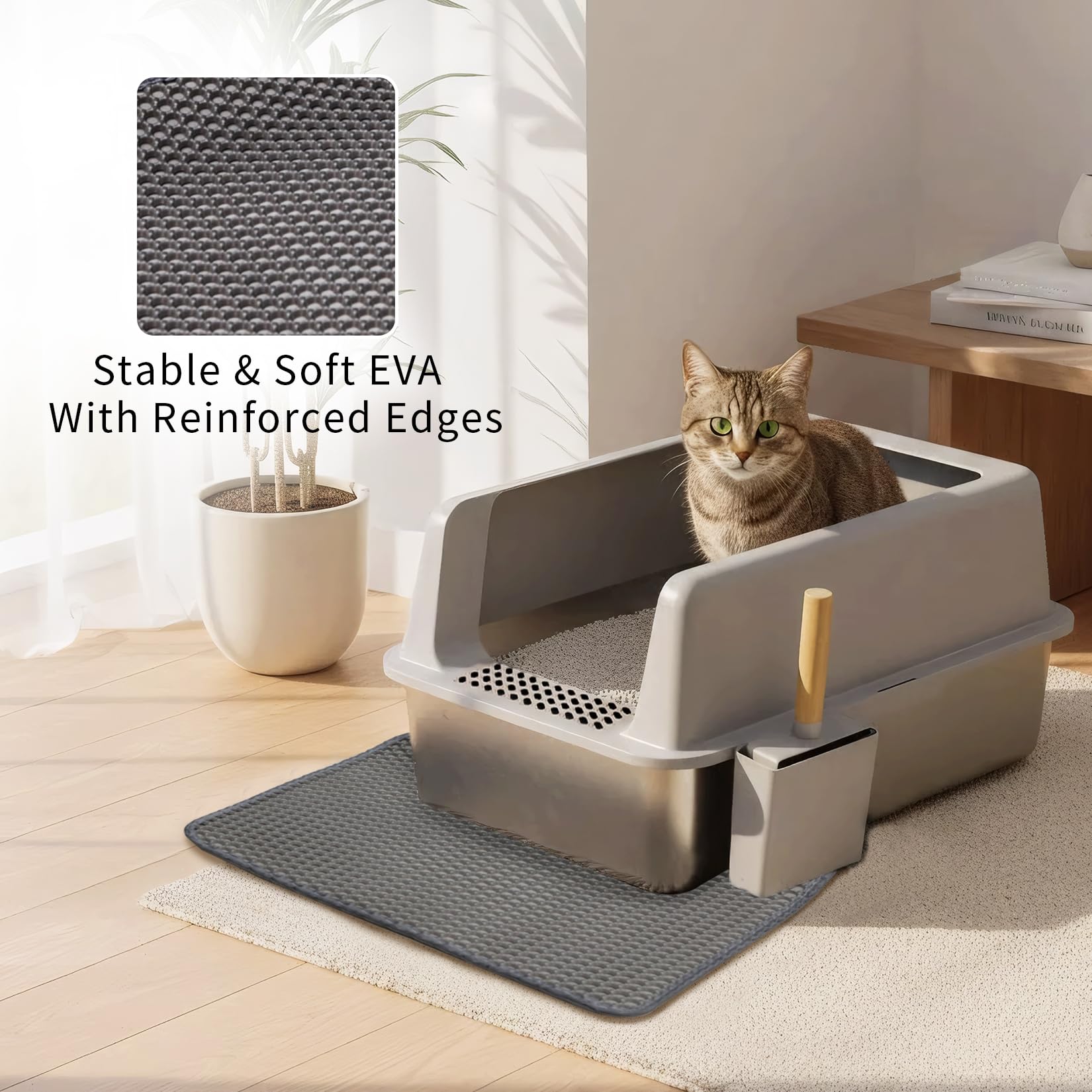 BingoPaw Katzenklo Edelstahl XXL, Katzentoilette Edelstahl für große Katzen, offenes Katzenklo mit hohem Rand, Katzenstreuschaufel und Katzenstreu Matte, Silbergrau 60.5x40.5x31cm