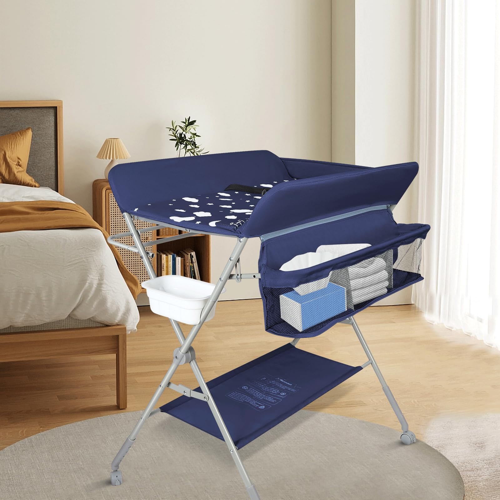 Cambiador Bebé, Cambiador Portátil Plegable con Ruedas y Espacio de Almacenamiento Cambiador para Bebé Altura Ajustable Carga hasta 15kg (azul marino-77 * 63 * 101cm)
