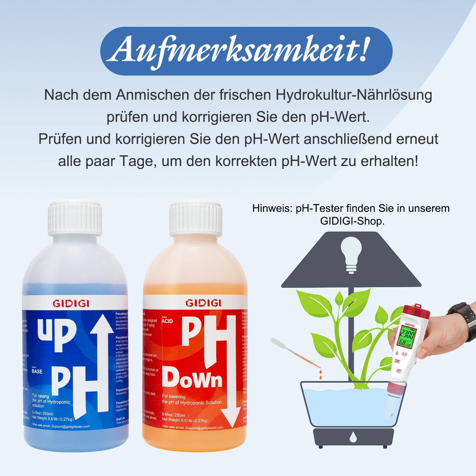 pH Regler Set pH Plus & Minus 2×250ml, pH Up & Down für Hydroponik Aquaponik Erde, Komplett Set mit Pipette Messbecher Teststreifen, pH Wert Einstellung 5,5–6,5