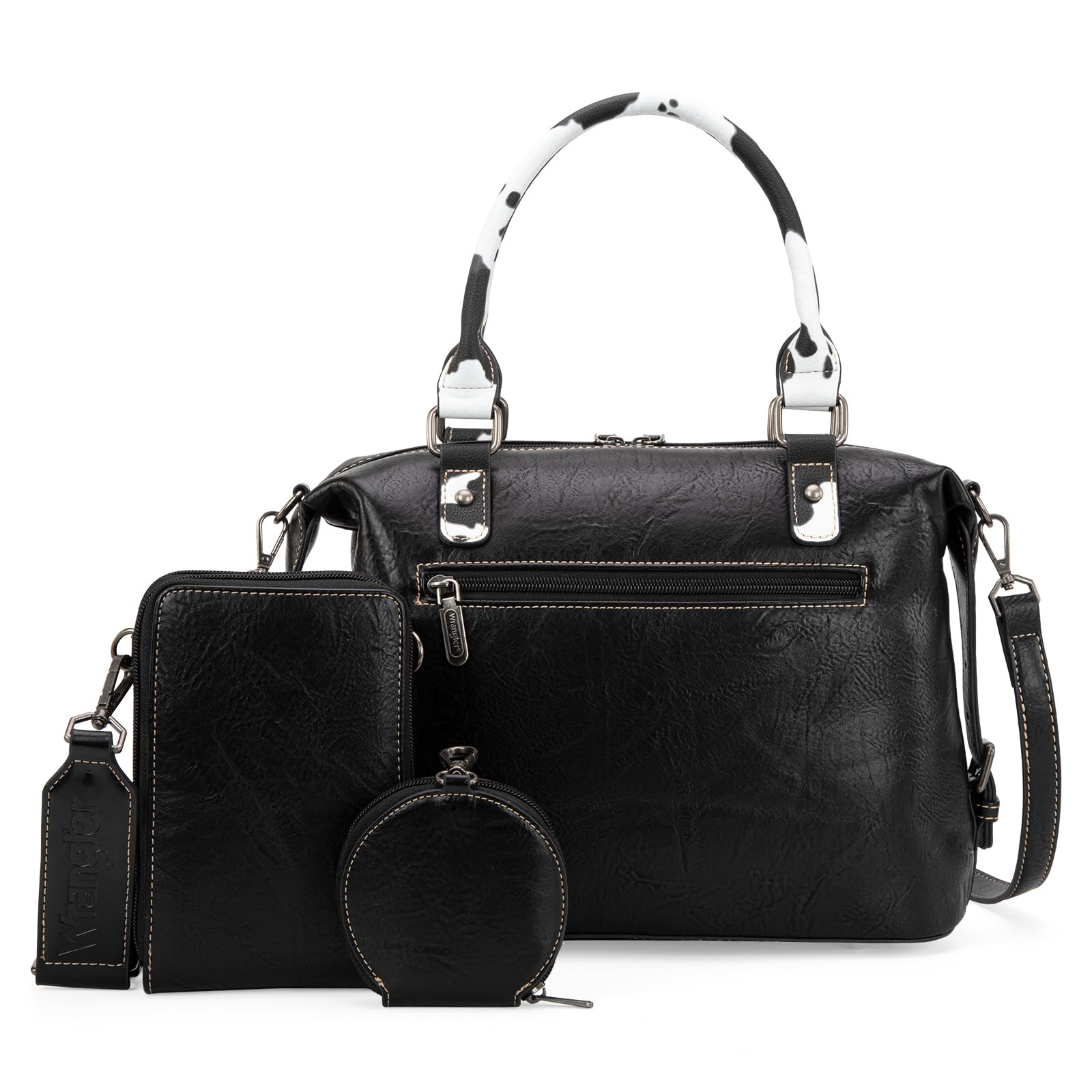 Wrangler Arzttaschen-Set für Damen, Top-Griff, Umhängetasche mit Handy-Handtaschen und Münzbörse, 3-teilig, Schwarzes Kuhmuster