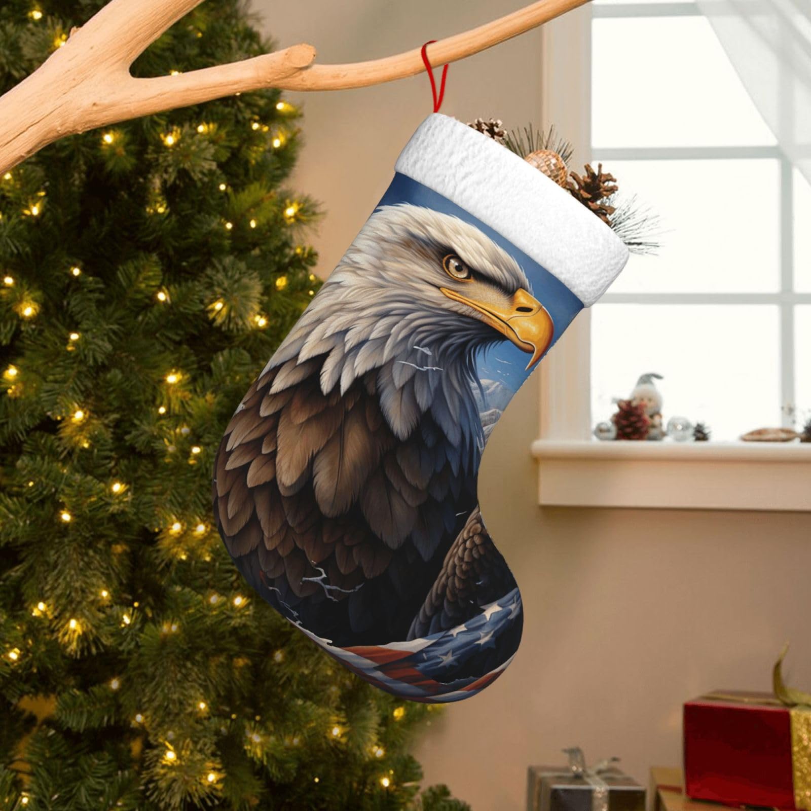 Velvet Christmas Stockings 17.7 Inch, Eagle Xmas Stocking with Soft Cuff,Classic Personalized Christmas Tree Decoration for Family Holiday New Year Party Supplies