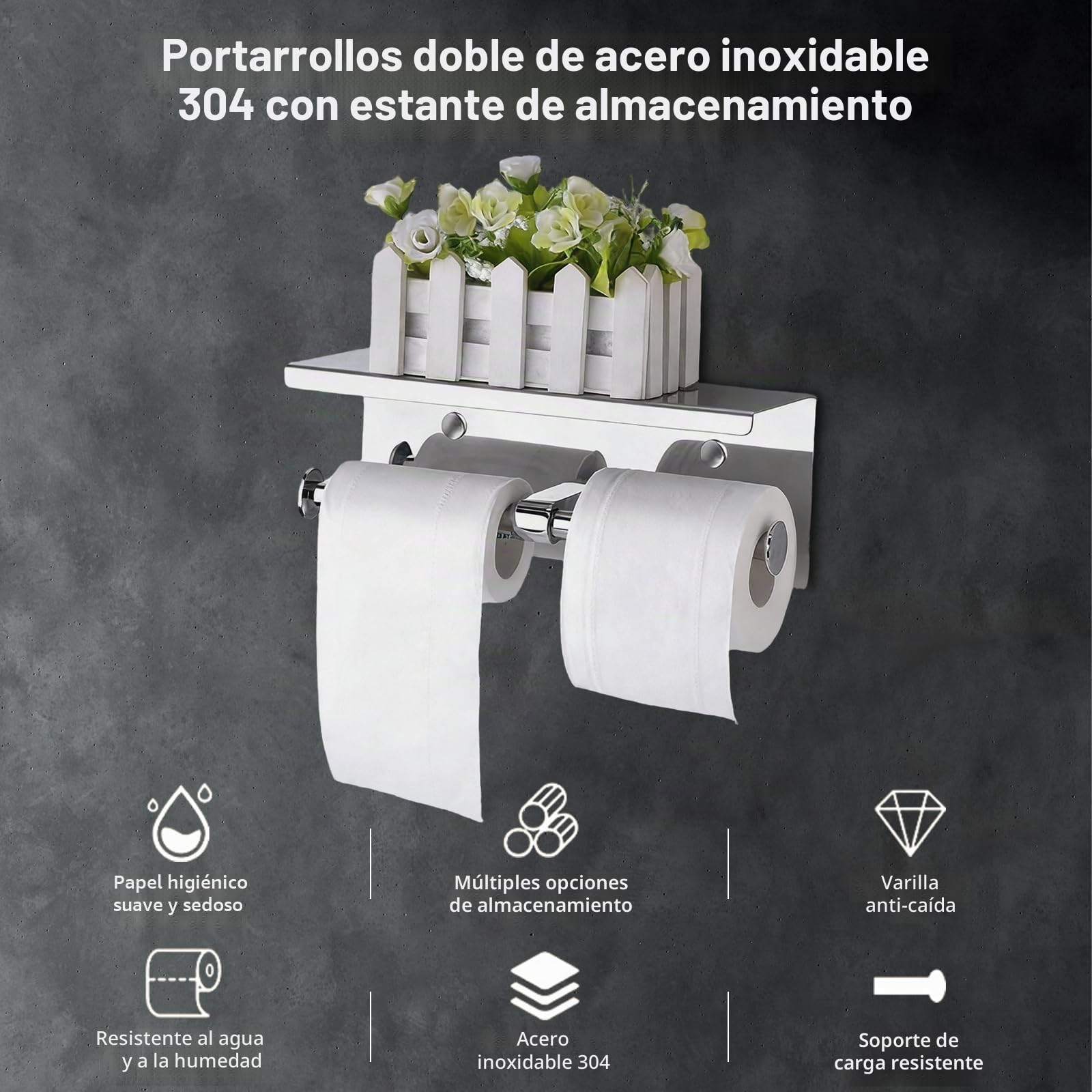 Portarrollos de Papel higiénico Doble con repisa para teléfono, dispensador de Rollo de Papel Doble con repisa, Cromo Pulido, portarrollos de Papel higiénico con repisa, Montaje en Pared Adhesivo con