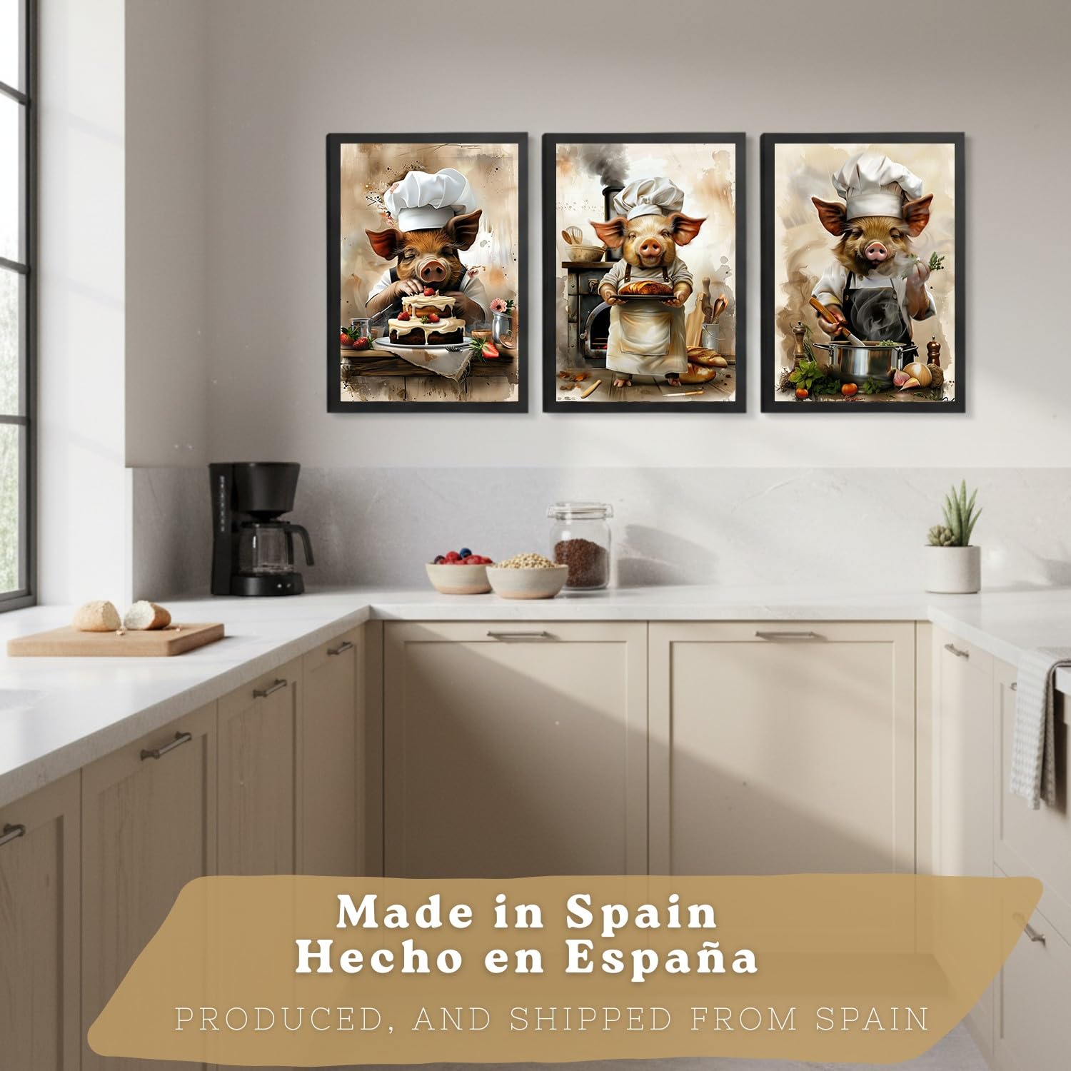 Nacnic Lot De 3 Affiches Cochon Chef Pâtissier Tableaux Animal Cuisinier Illustration Amusante Déco Cuisine A3 Cadre Noir