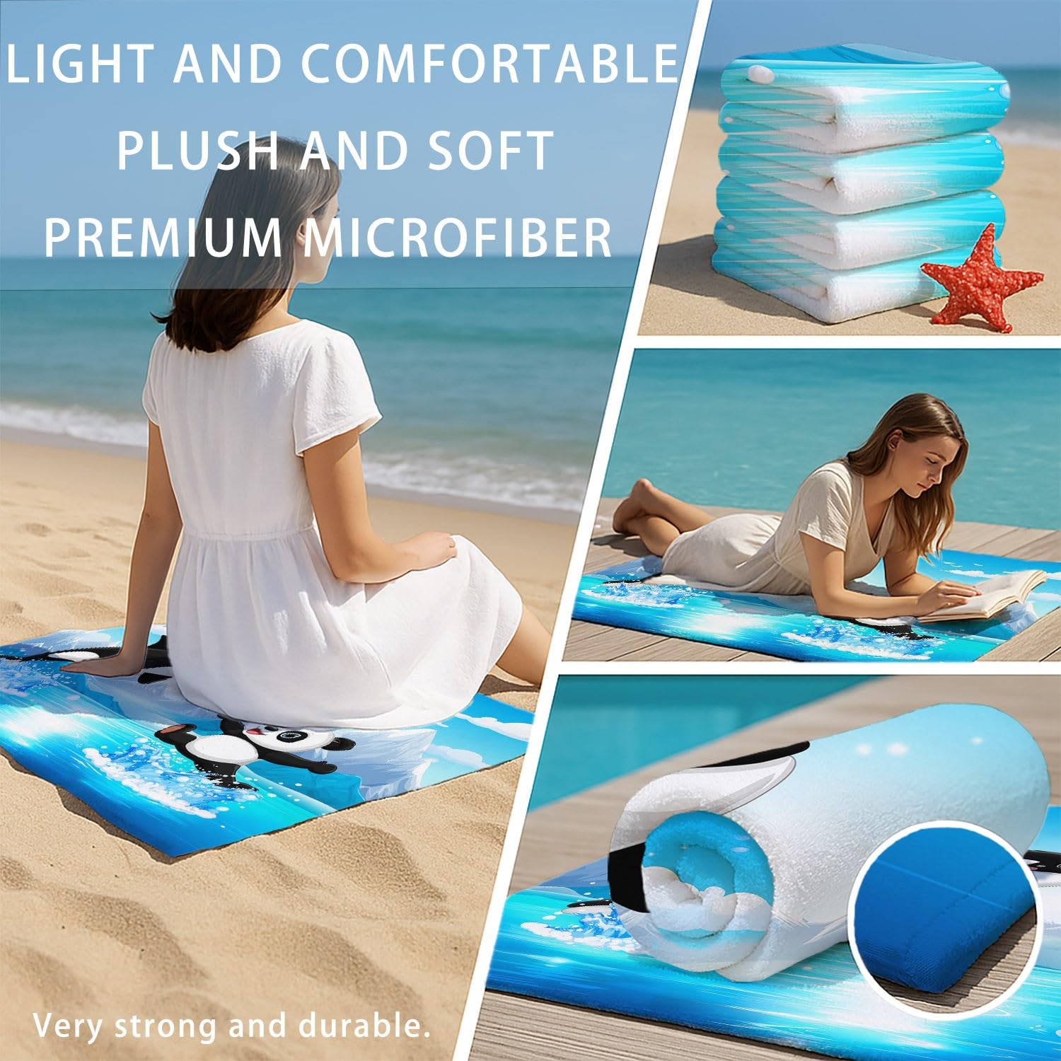 Générique Drap de Plage Anti Sable Sechage Rapide 180 cm x 160 cm Cartoon Fun Serviette de Plage Microfibre Aventure Nature Paysage Animaux Panda Baleine Absorbante Super Couverture de Plage