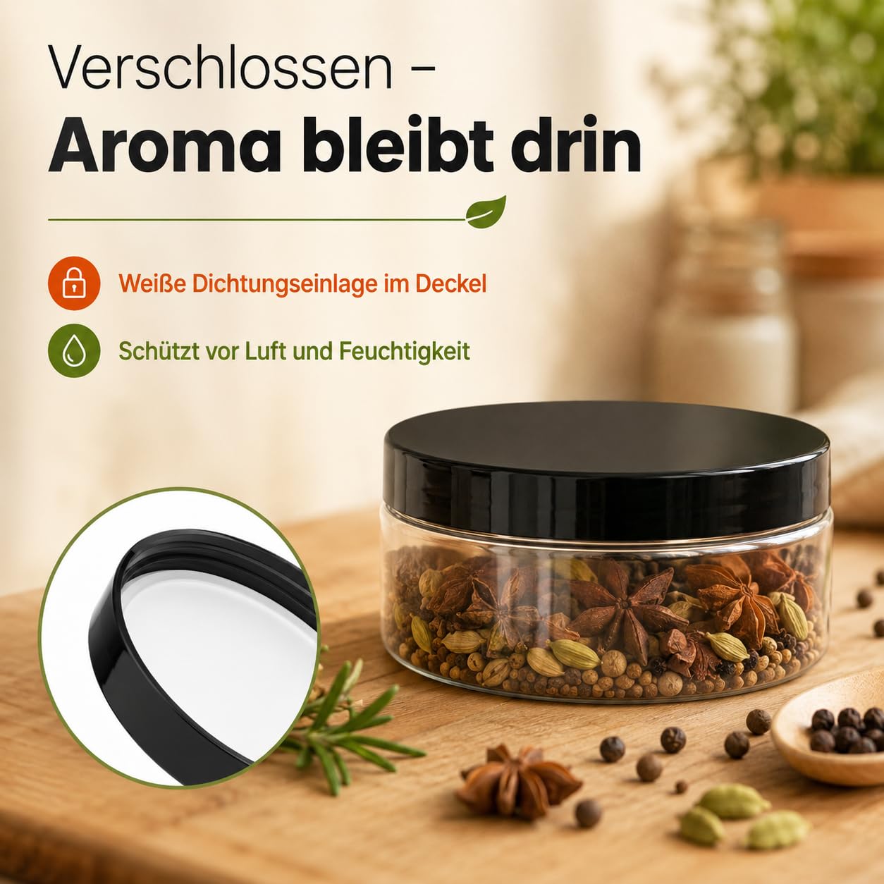 POSH Barattoli ermetici, 150 x 300 ml, in PET per uso alimentare, con coperchio a vite nero, contenitori in plastica trasparente con coperchio per spezie, mini barattolo in plastica