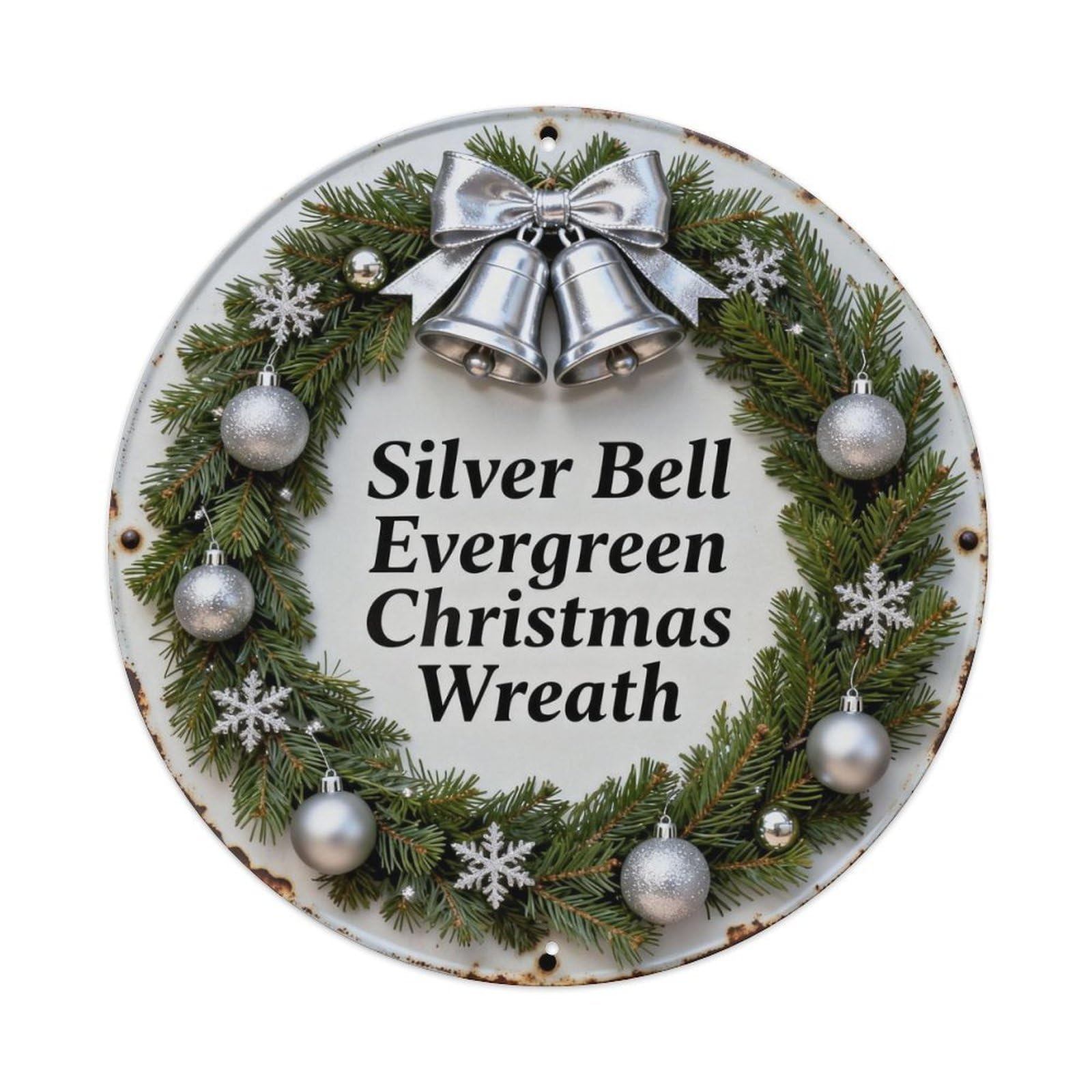 Silver Bell Evergreen Christmas Wreath Metal Tin Sign Plaque