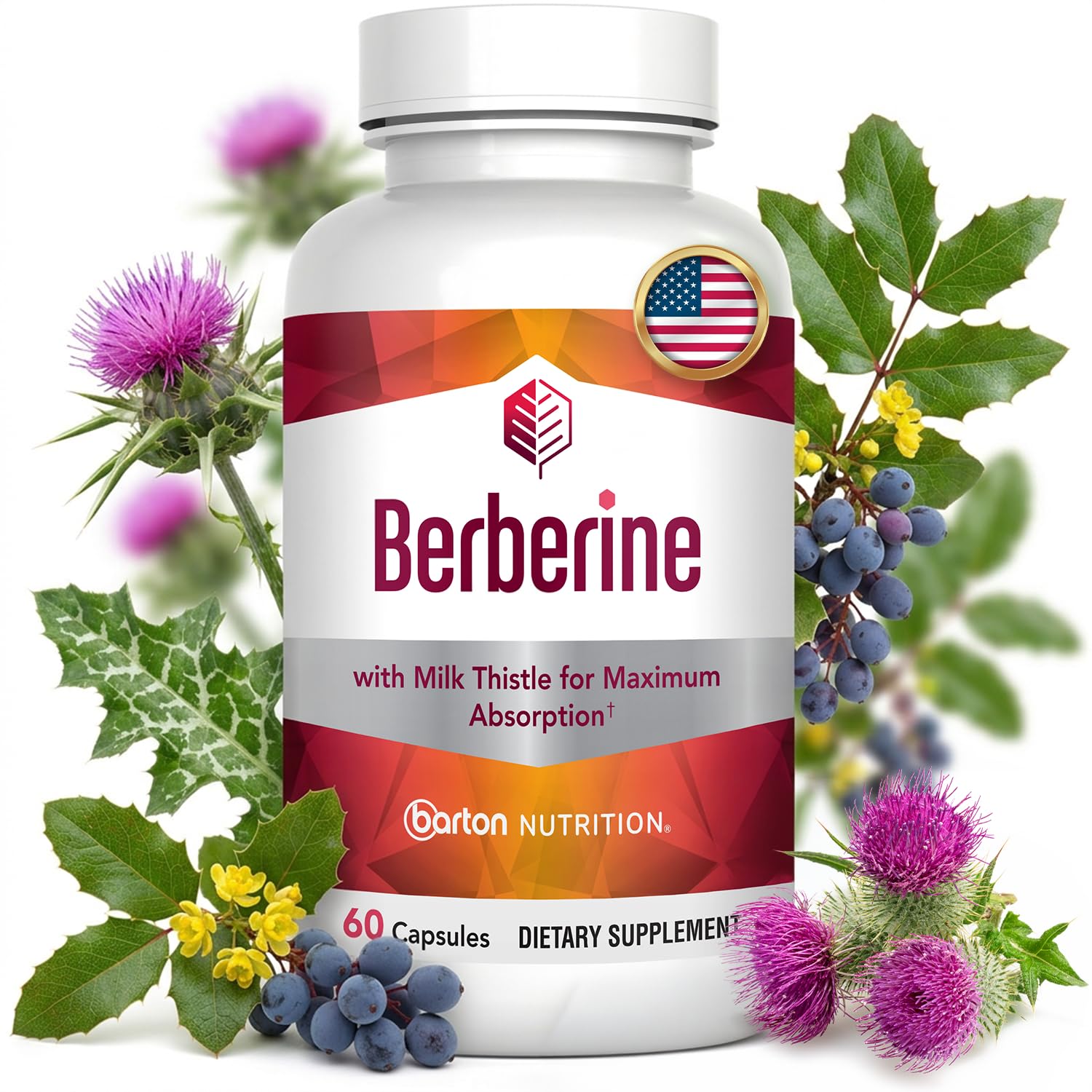 Berberine Supplement 800mg with Milk Thistle, 60 Caps, 1 Month Supply
