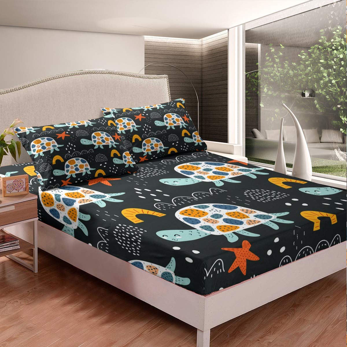 Kids Cartoon Sea Turtle Bedding Set Ocean Marine Life Decor Bed Sheets for  Boys Girls Reptile Sealife Colorful Bed Sheet Set Underwater Animal Fitted