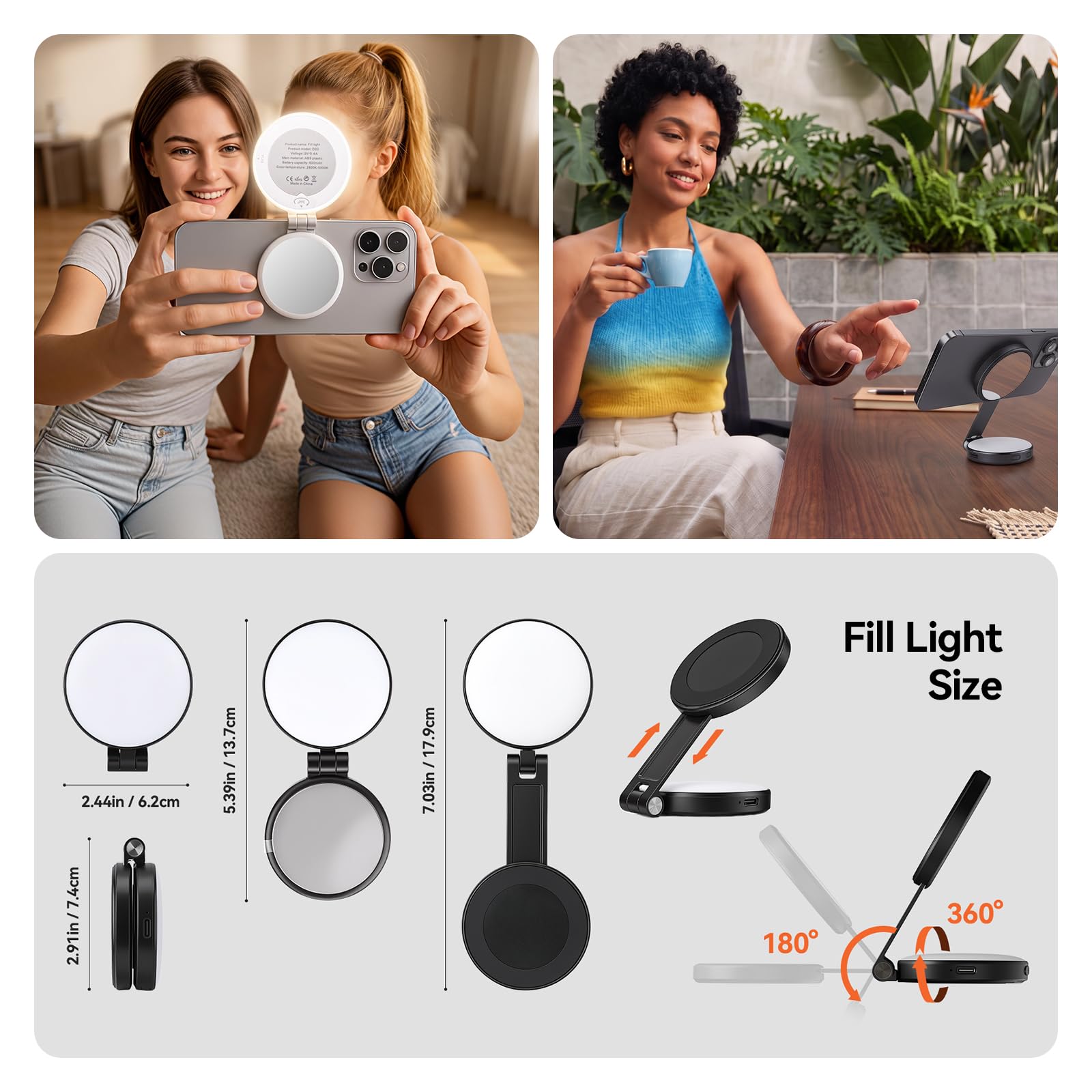 AMAZEAR Perche à Selfie magnétique trepied Smartphone - Blanc avec lumière