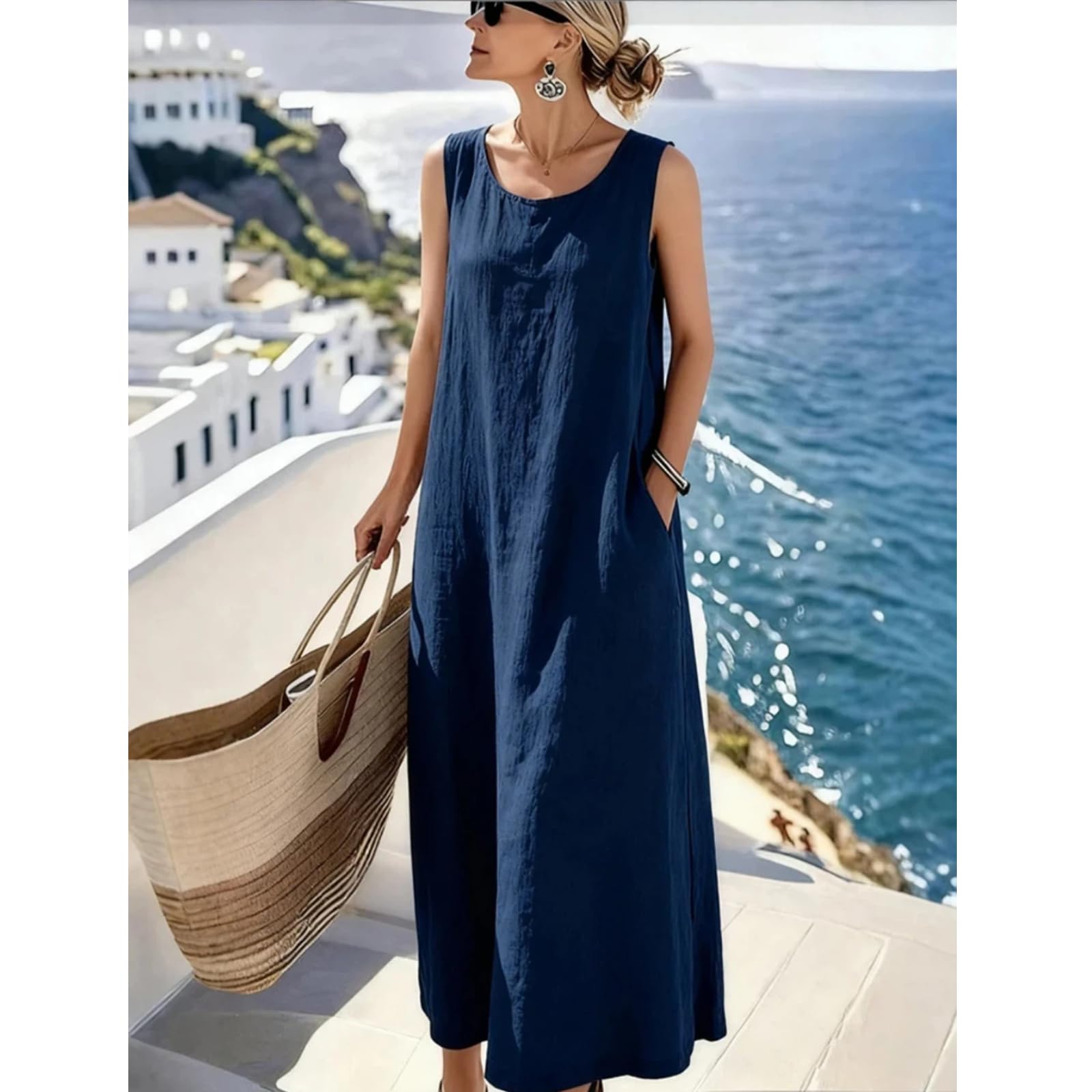 Vestido de Moda Suelto de Escote Redondo de Largo Medio cómodo para el día sin Mangas para el Verano