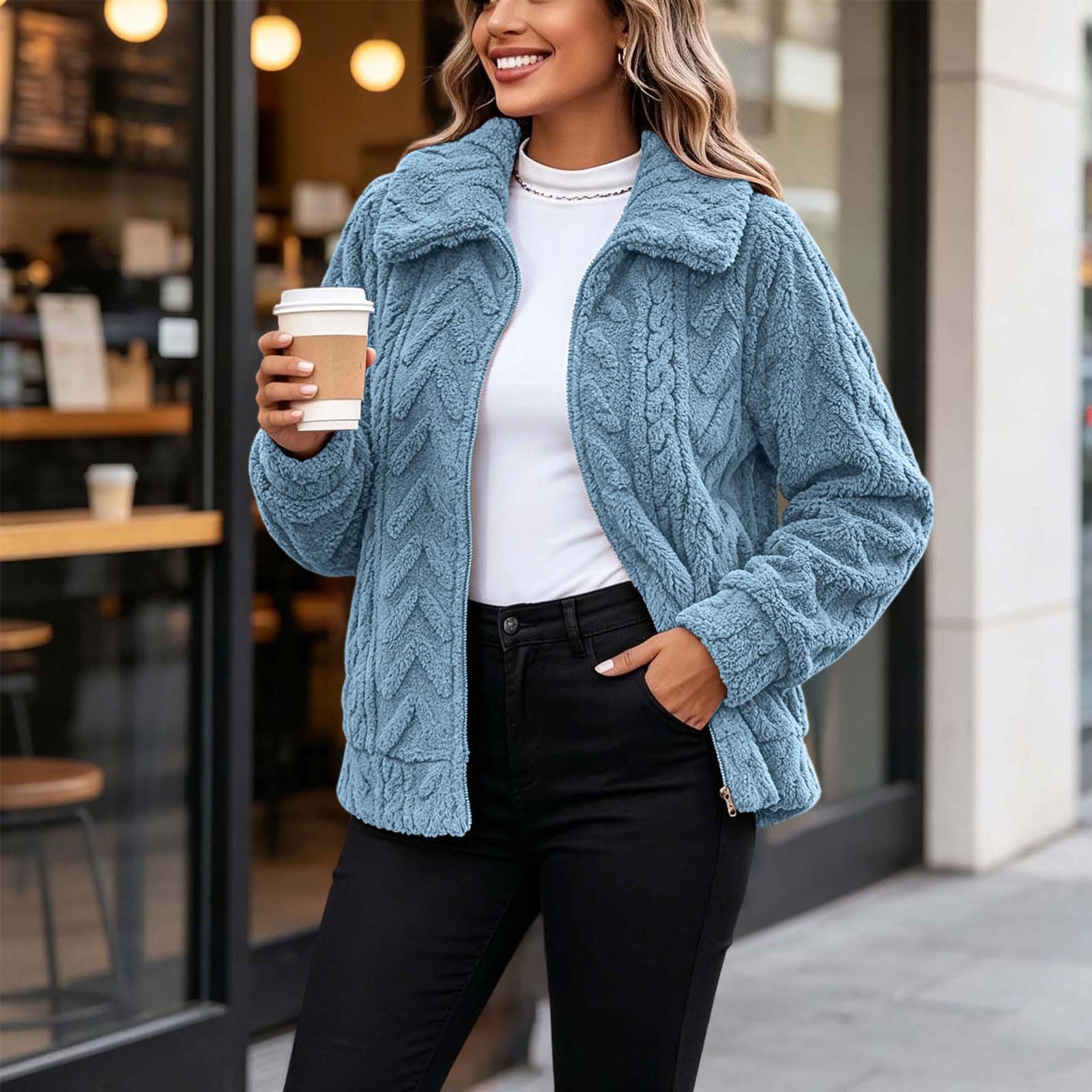 Winterjacke Damen Warm Plüschjacke Einfarbig Fleecejacke Winddicht