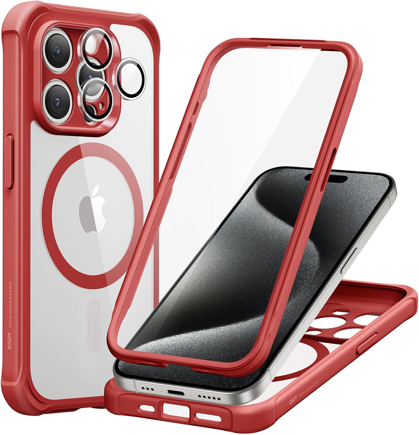 ESR for iPhone 15 Pro Case, Compatible with MagSafe, Full-Body Military-Grade Drop Proof Case with Built-in 9H+ Tempered Glass Screen Protector, Armor Series, Clear Red