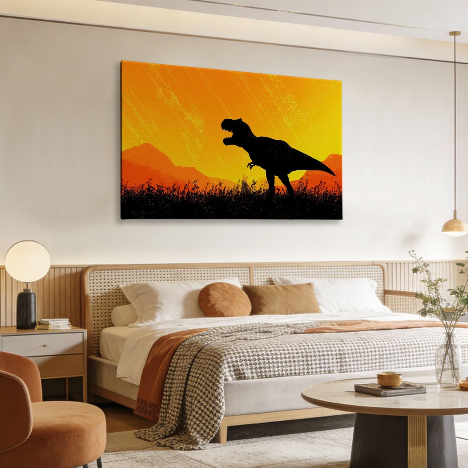 Generisch Gelb Afrikanisch Traditionell Dinosaurier Modernes Leinwandbild 140L x 70B cm mit Rahmen, Cartoon XXL Wanddeko für Wohnzimmer Geschenk Idee Einzug - Hochwertiger Kunstdruck auf Holzrahmen