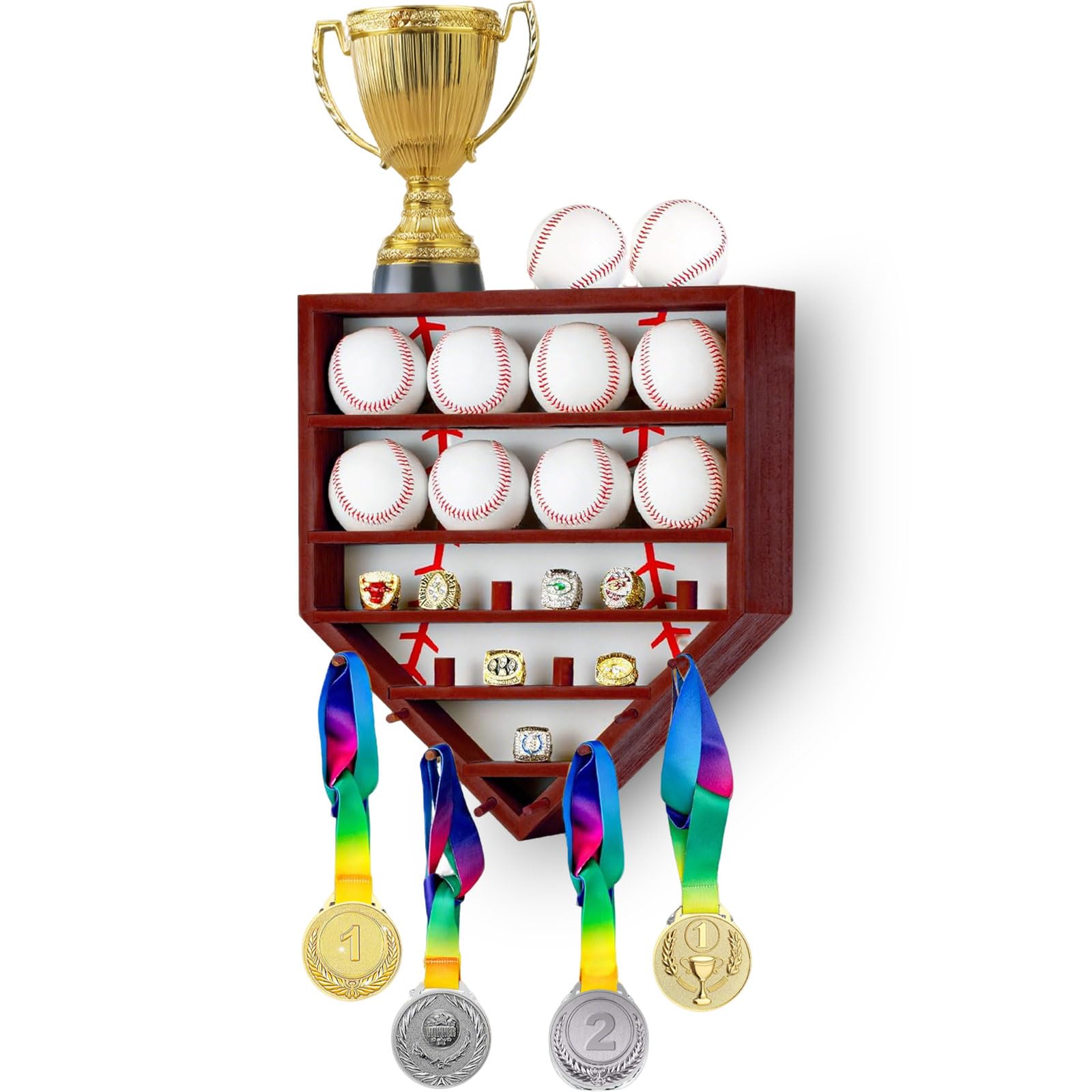 Baseball-Vitrine mit Ringhalter – Massivholz – Wandhalterung für Bälle, Pokal, Medaillen und Erinnerungsstücke – Baseball-Meisterschaft Ringetui
