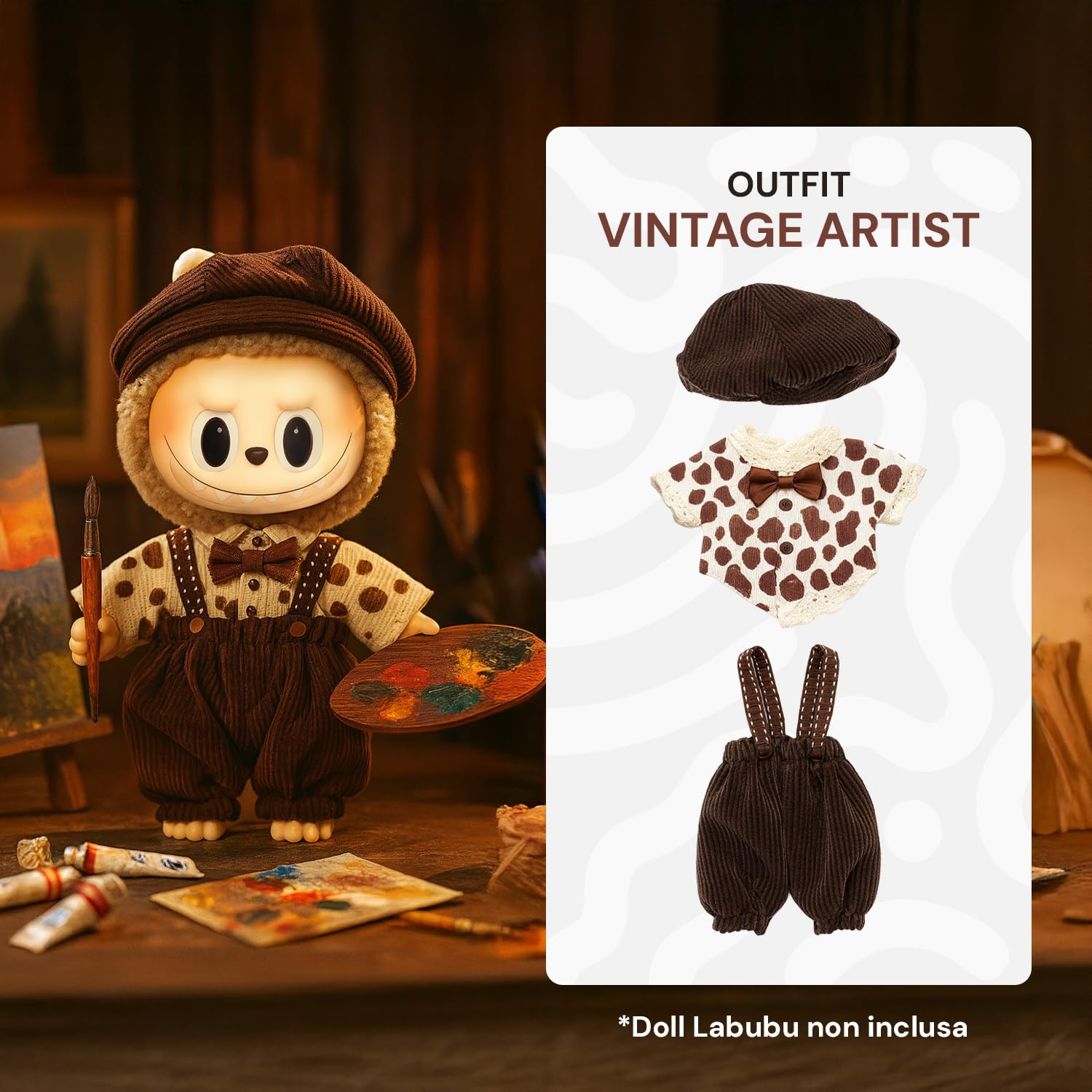 Set 5 pezzi Vestiti Coordinati con Accessori Budress per Bambola 17 cm con Outfit da Collezione Pittore Vintage, Fast Food, Baby Doll, Denim Worker e Cozy Winter, Per Bambole Facili da Indossare