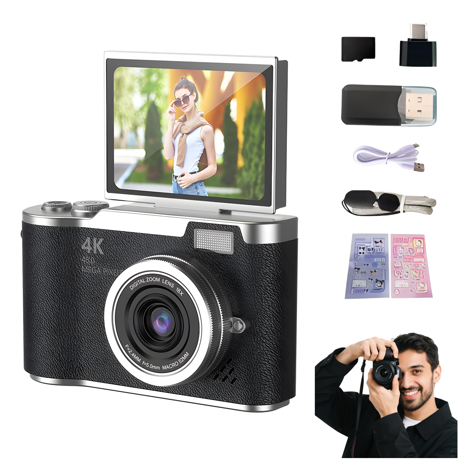 高画質・多機能デジタルカメラ 48MP／4K対応 Amazon | 4K 折りたたみ式スクリーン 学生用カメラ、32GB TF