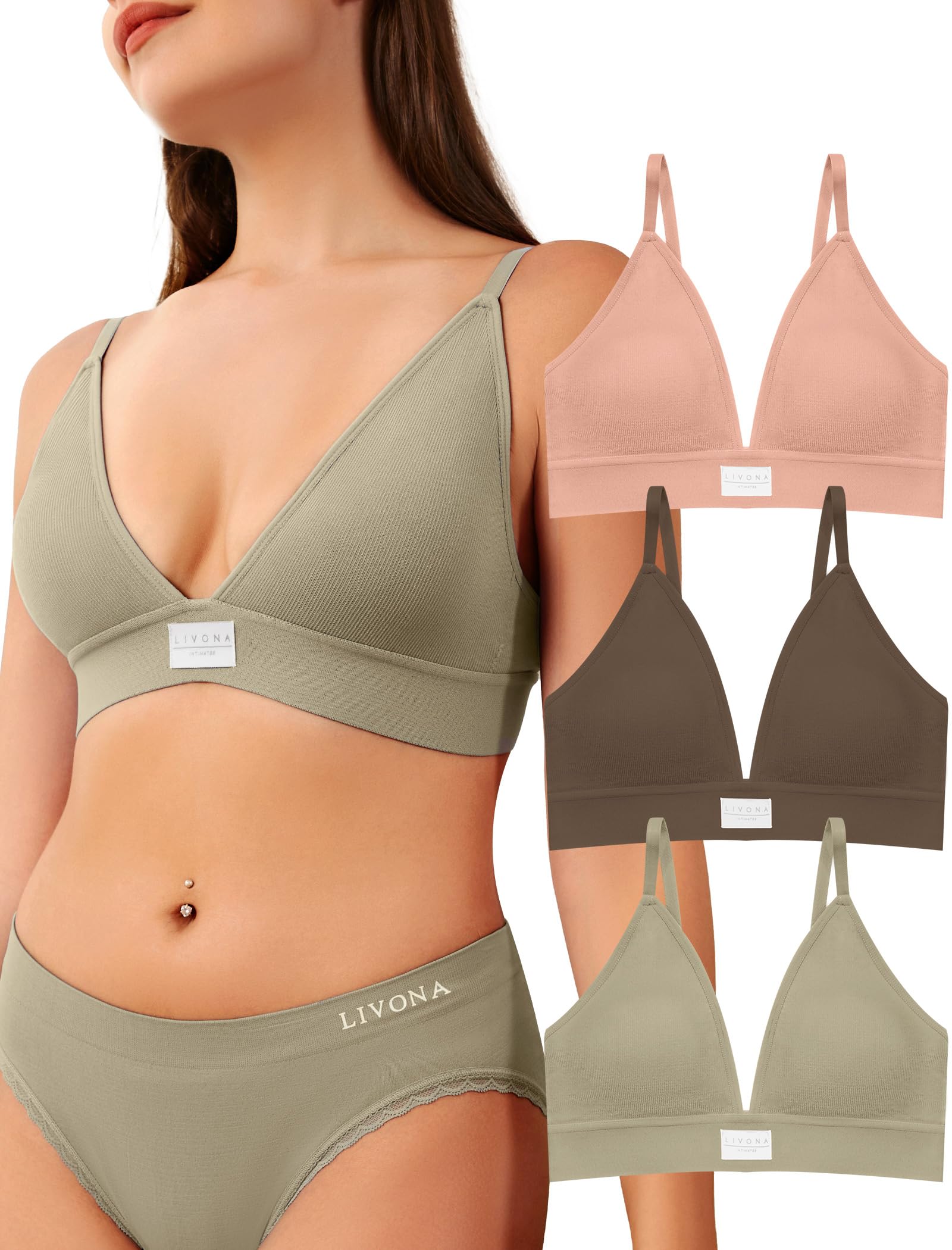 LivonaSports Bras for Women - 3 Pack V-Neck Wireless Bralettes with Support Comfort Plunge Padded Fitness Cami Crop S-XXL