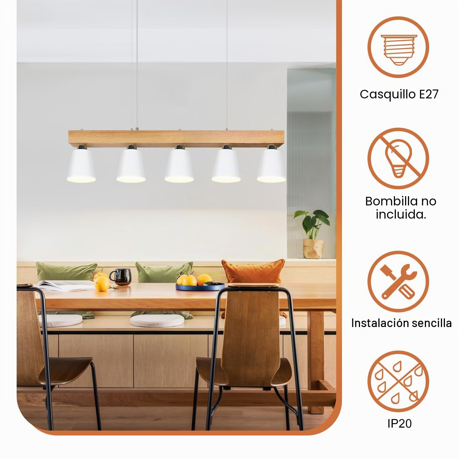 ZMH Lámpara colgante de madera con 5 luces para comedor | Estructura de metal y madera con altura ajustable incluye 5 bombillas de luz blanca cálida para salón o cafetería