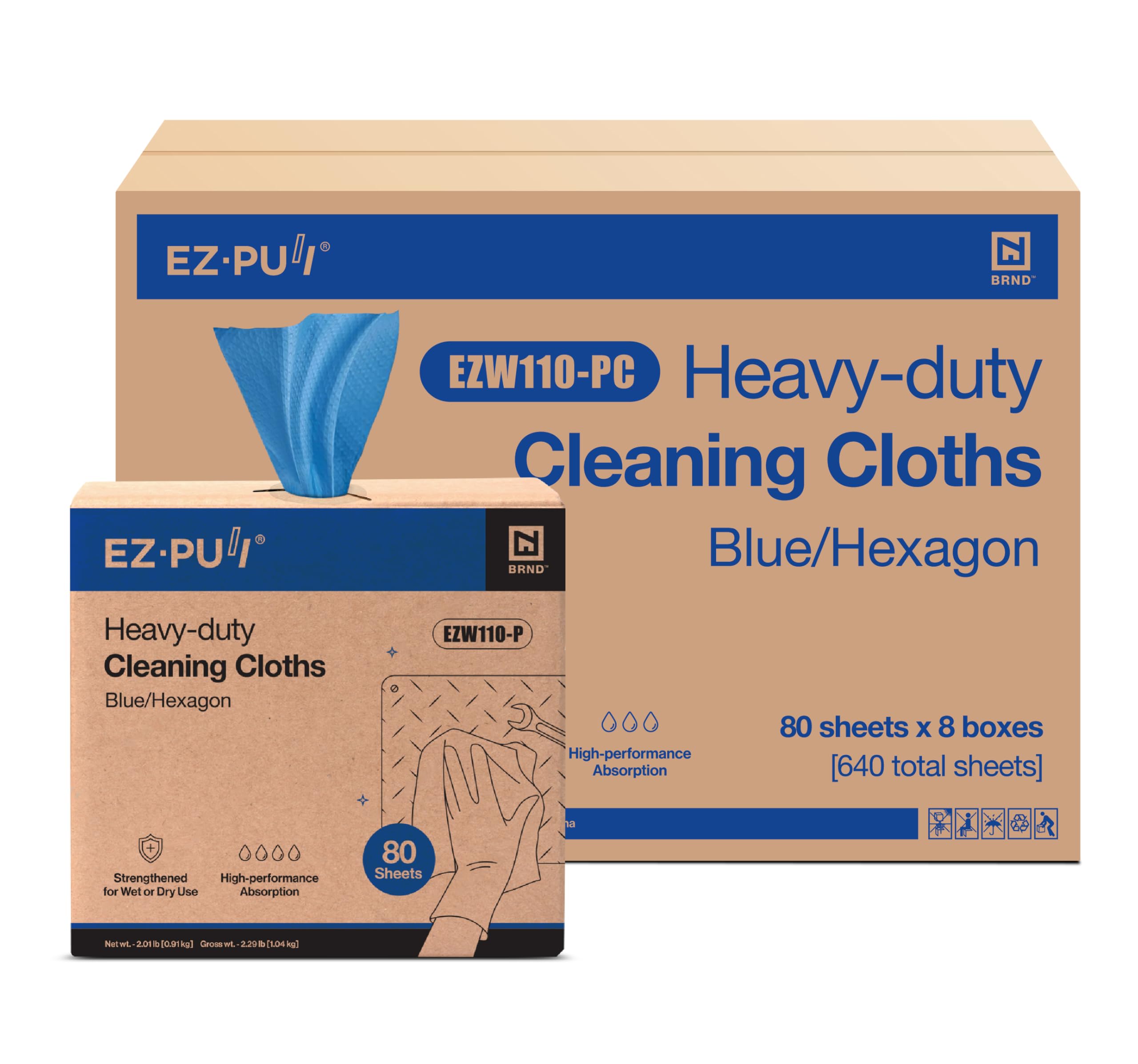 EZbrnd Heavy-Duty Cleaning Cloths Towels, Pop Up Box, Blue Shop Towels, 80 Sheets x 8 boxes [X80]
