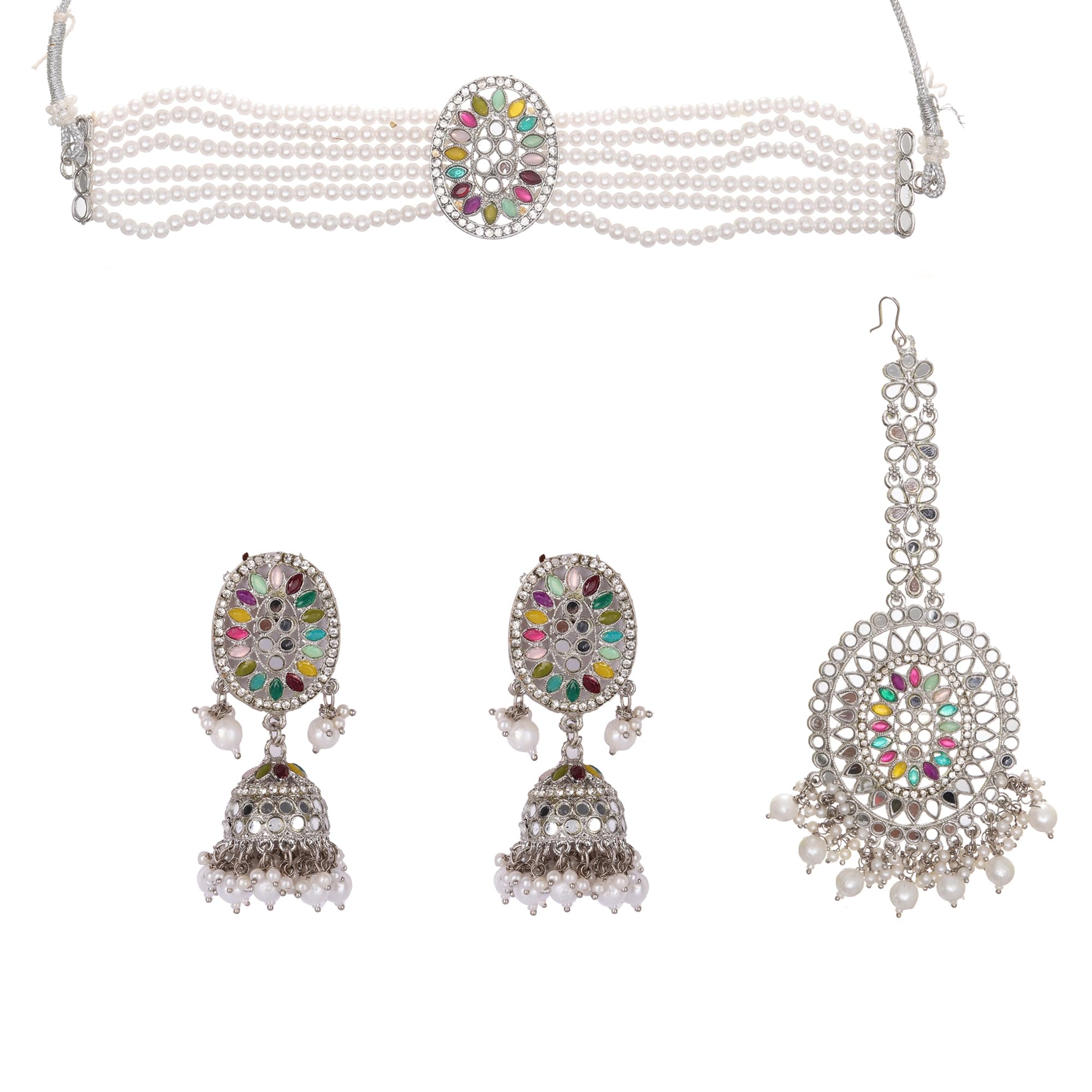 Premium Quality Pearl Mirror Work Multicolor Jewelry Set with Earrings for Women & Girls - Luxury Artificial Jewelry for Party Wear