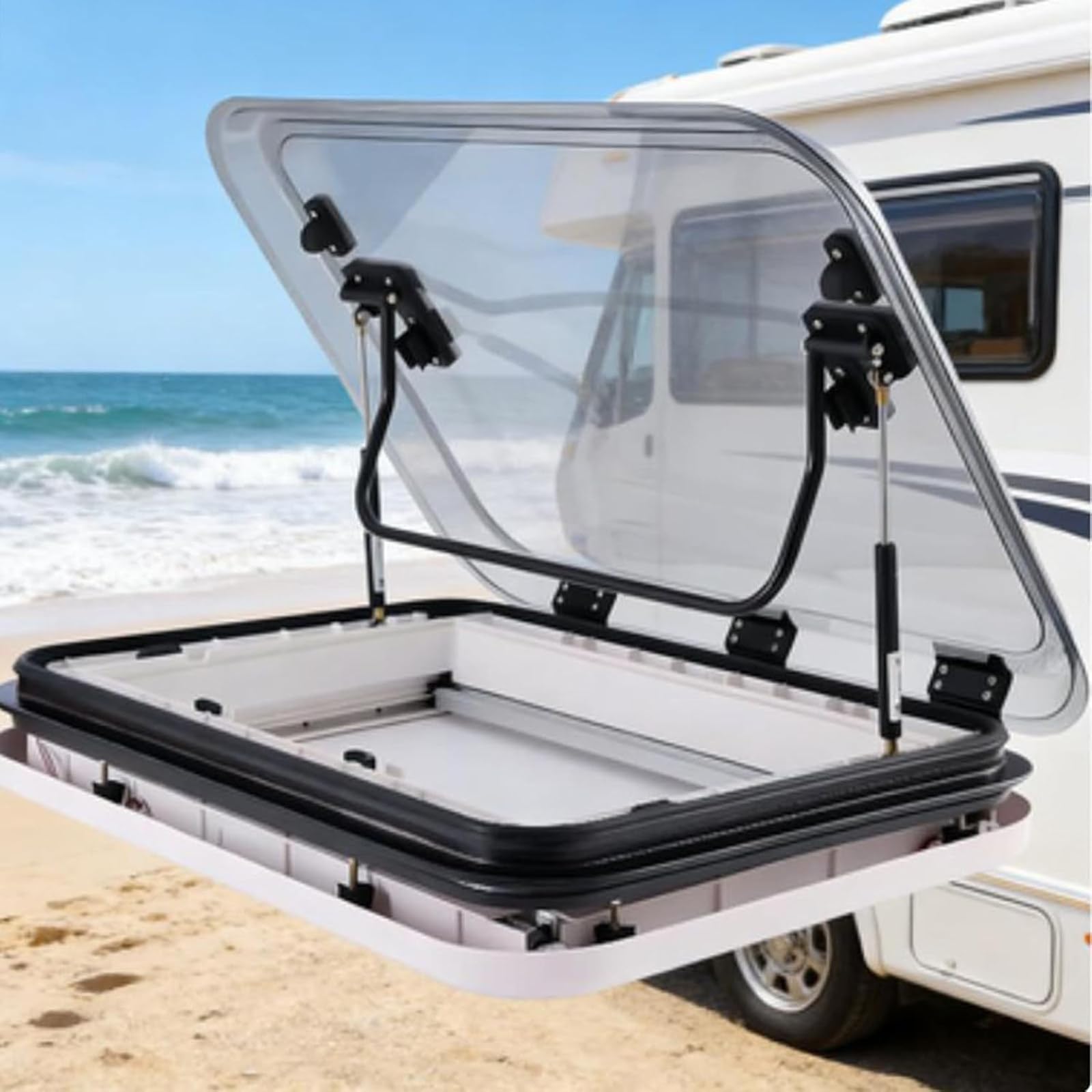 RV Caravan LED Skylight, Large Caravan Roof Window Ventilation, Roof Hatch Enclosed Trailer, With Sunshade & Screen, 70° Open, 12V LED Light, Compatible With RV Caravan Roof Window Hatch 500*500mm