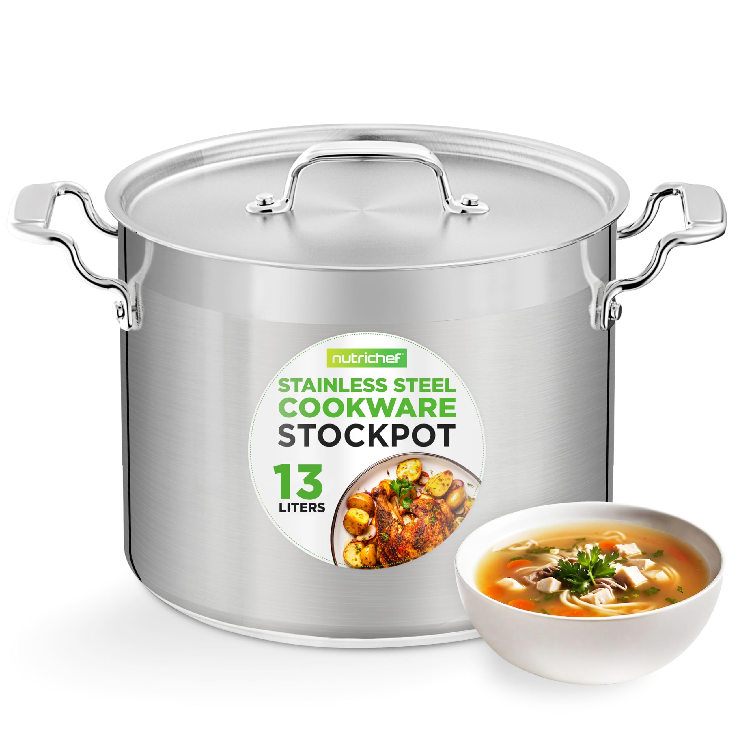 NutrichefStainless Steel Stock Pot with Lid, 13L Big Stockpots for Stew, Soup, Pasta, Meat- Induction Ready, Large Cooking Pot with Ergonomic Handles