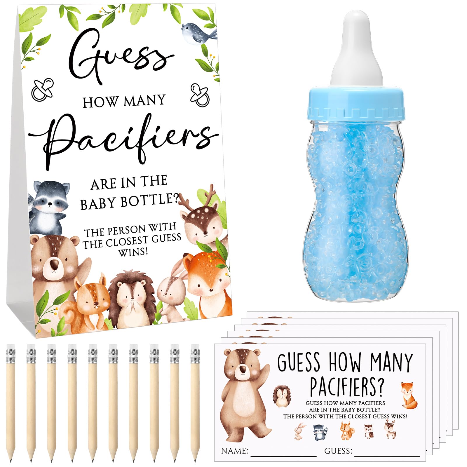 Roowest Babyparty-Spiele, "Guess How Many Pacifiers", Schild, 100 kleine Ratespiele, 10 HB-Bleistifte, 750 ml, Milchflasche, 400 Acryl-Schnuller, Dekoration für Gäste, Geschlecht enthüllt (hell, Wald)