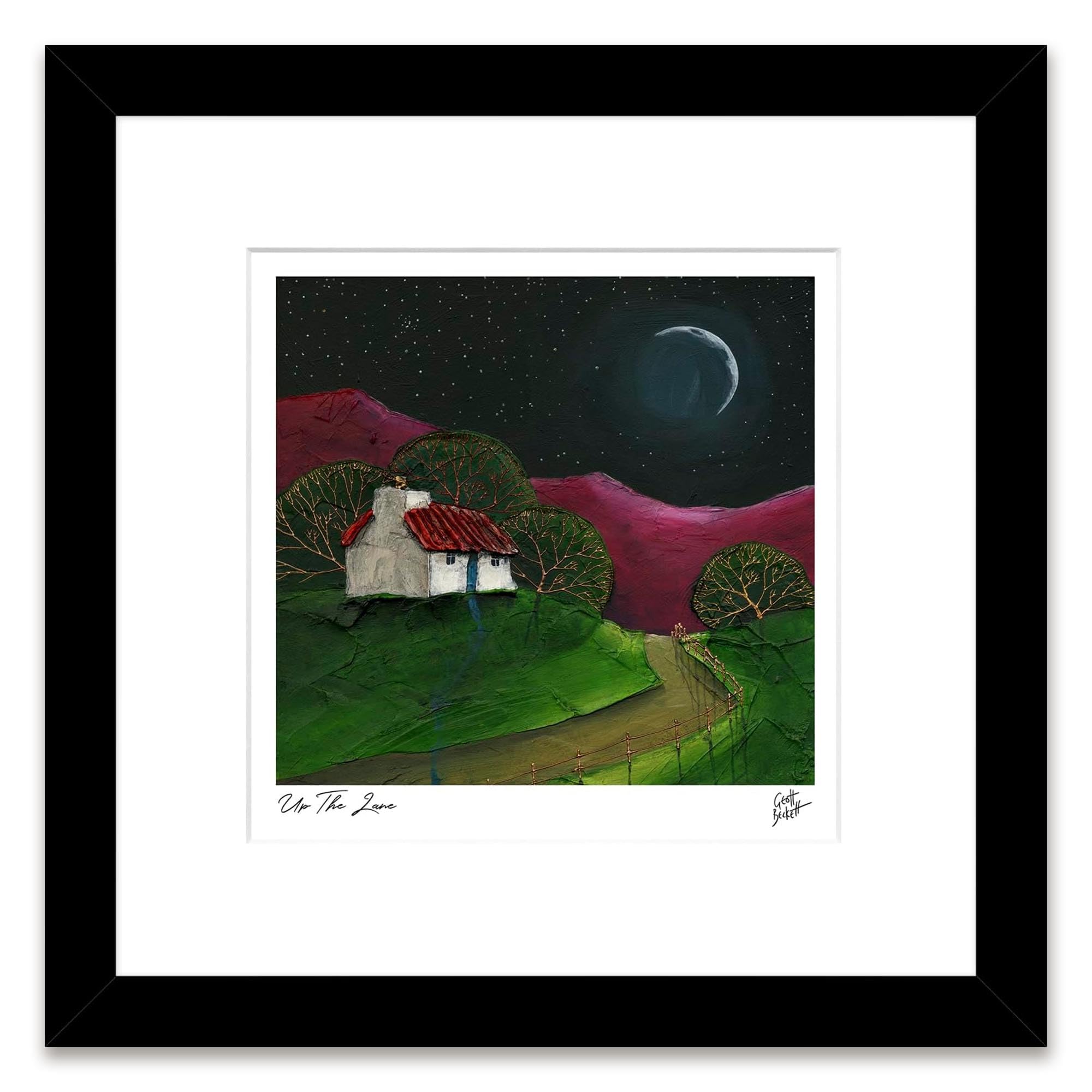 Artko Countryside Cottage Framed Print Wall Art - 'Up the Lane' by Geoff Beckett - Moonlit Landscape Picture - Ready to Hang Home Décor - 33.5cm x 33.5cm