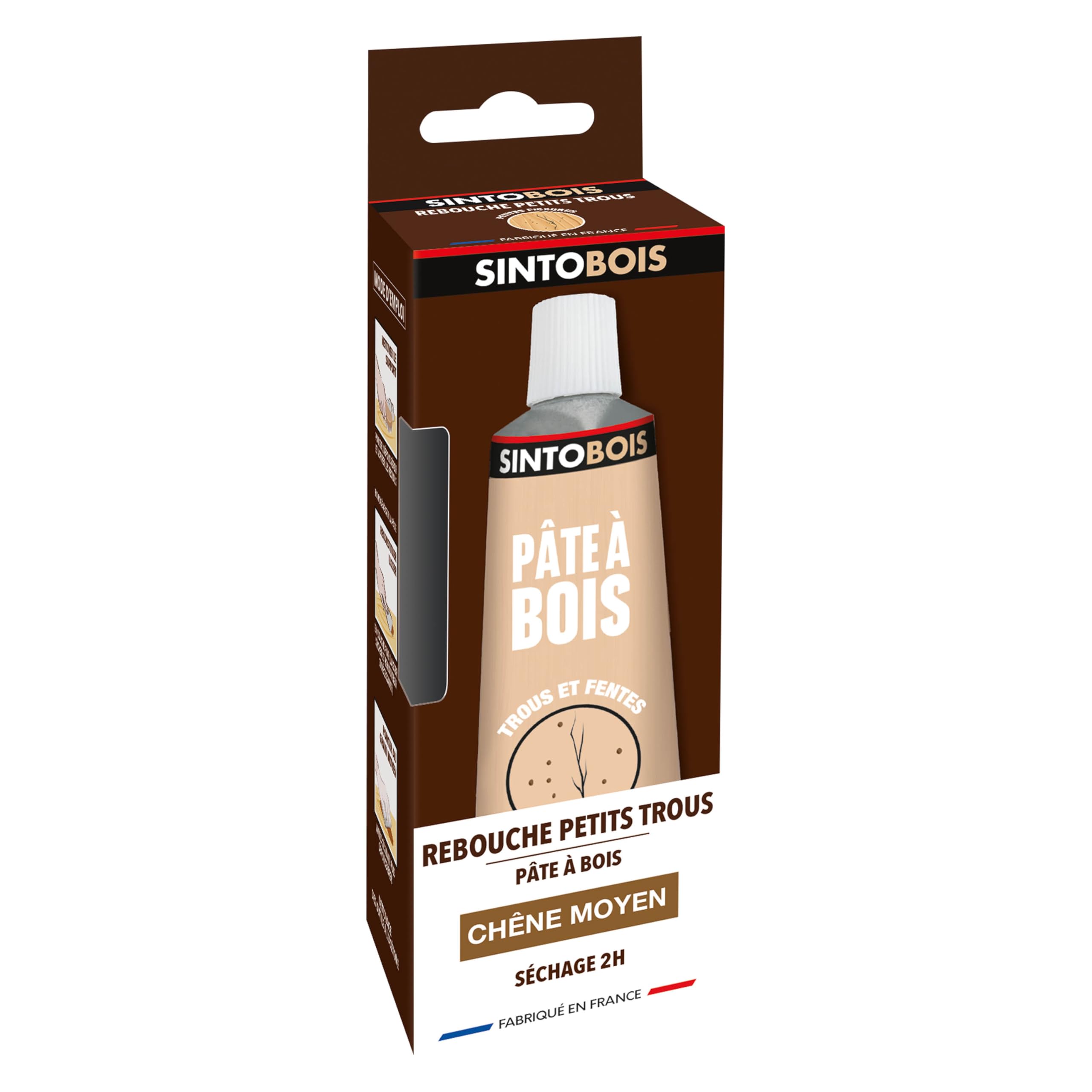 SINTOBOIS - Rebouche Petits Trous - Pâte à Bois - Prêt à l'Emploi - Sec en 2h - Formule Solvantée - Intérieur et Extérieur - Ne se Rétracte pas - Chêne Moyen - Technique Professionnelle - 80 g
