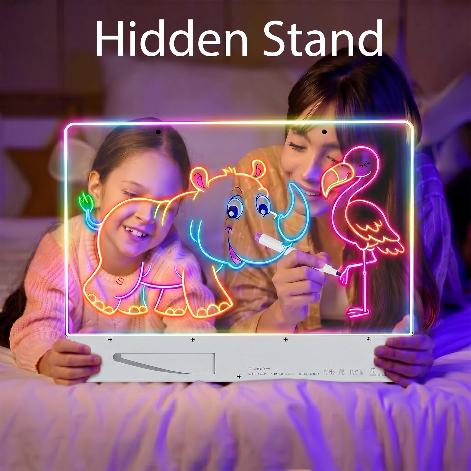 Tablero de Dibujo LED Recargable con Luces RGB para Niños,Panel de Acrílico,8 Colores Estáticos y 3 Modos Dinámicos,Batería de 1500 mAh,35x26cm Pizarra de Dibujo con Soporte Oculto para Arte,Blanco