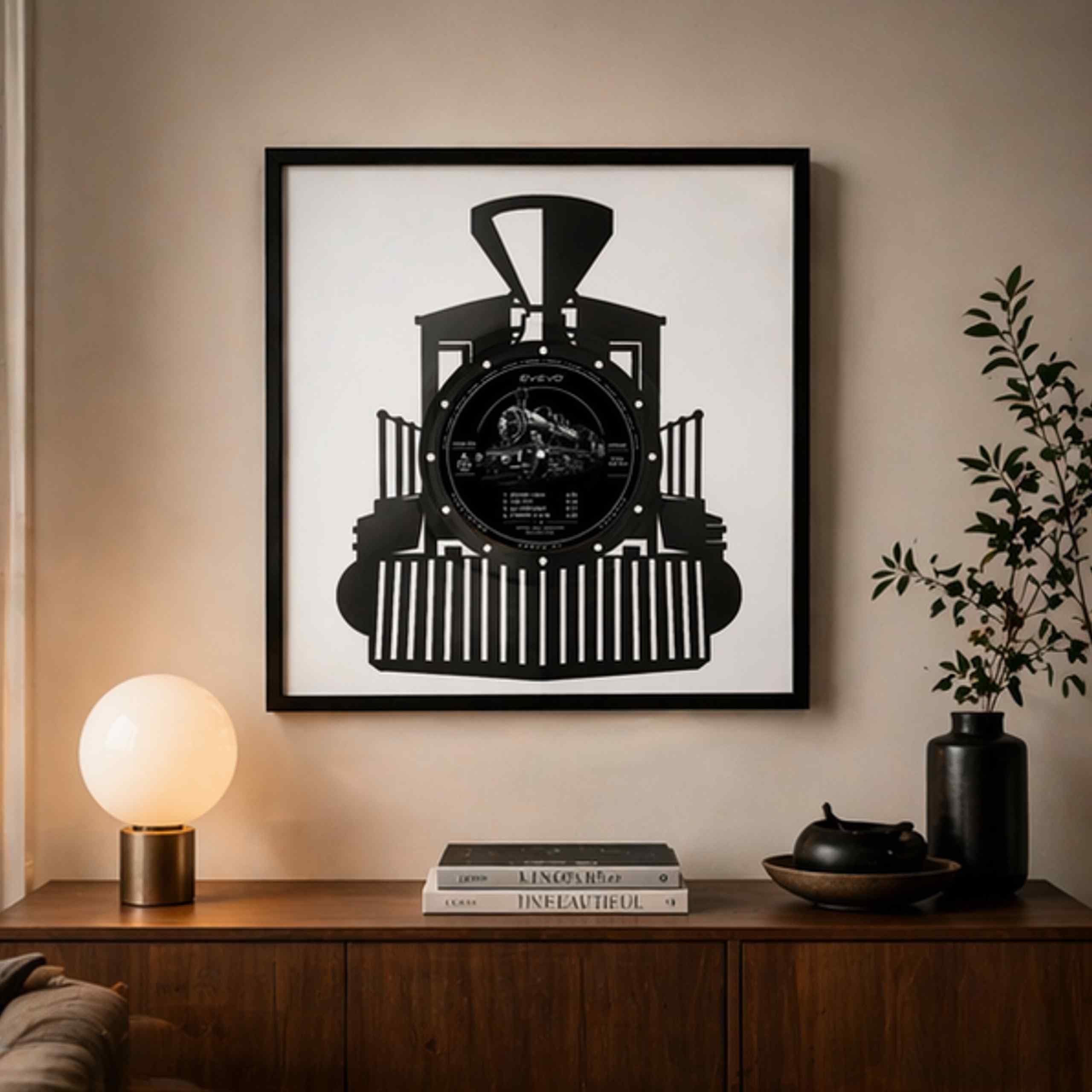 EVEVO Decorazione da parete in vinile con cornice, 32 x 32 cm, treno, decorazione da parete in vinile, motivo: loco a vapore, regalo per appassionati e collezionisti di ferrovie