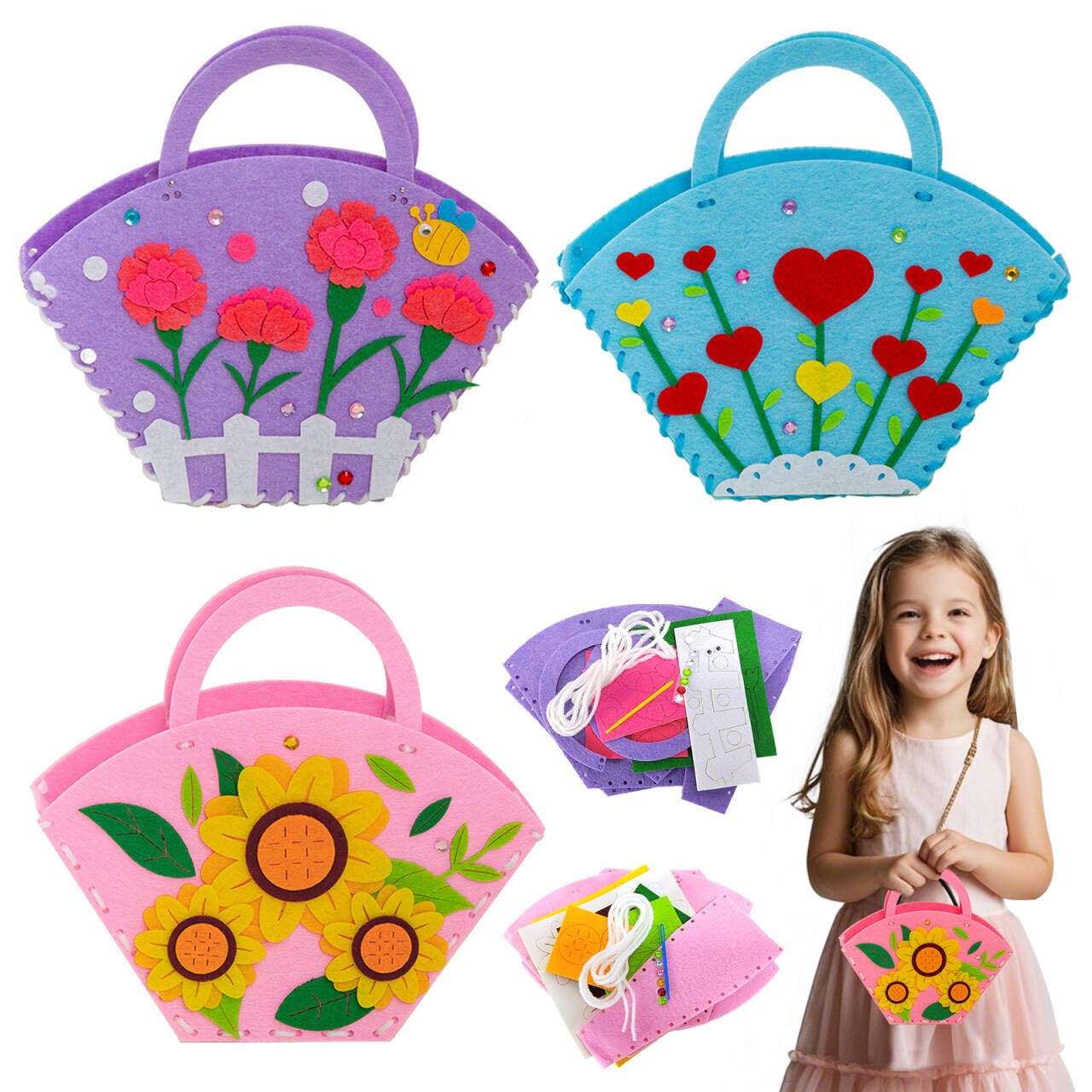Cosysparks Felt Craft Kit for Kids 3 Pack Handbag Sewing Kits for Beginners Fun DIY Educational Gift with Sewing Tools for Girls (Style4)