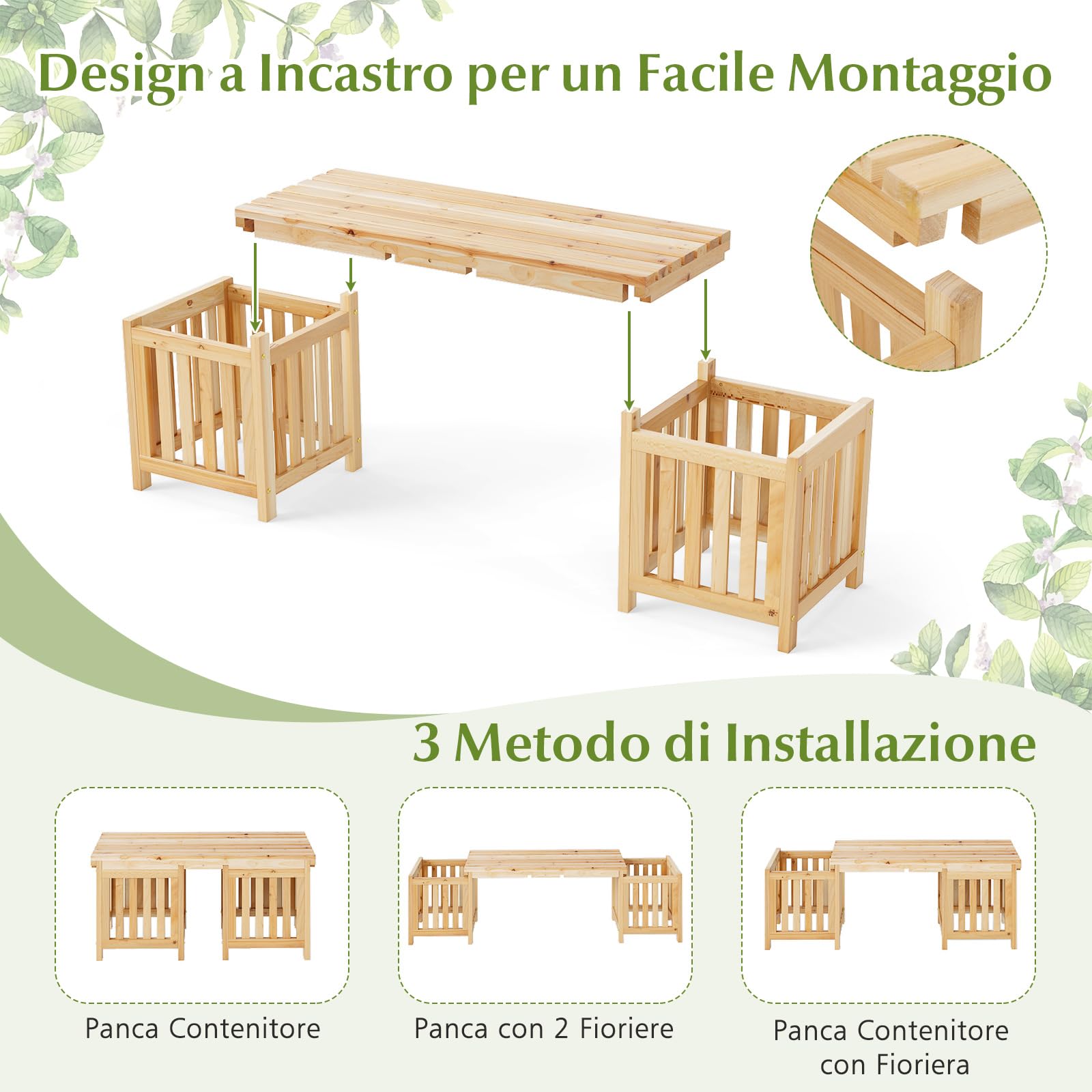 RELAX4LIFE Panchina da Esterno 2-in-1 con 2 Fioriere, Letto da Giardino Rialzato con Seduta per 2 Persone, Base Aperta, Design Scanalato, Panchina con Contenitore per Piante per Veranda Prato