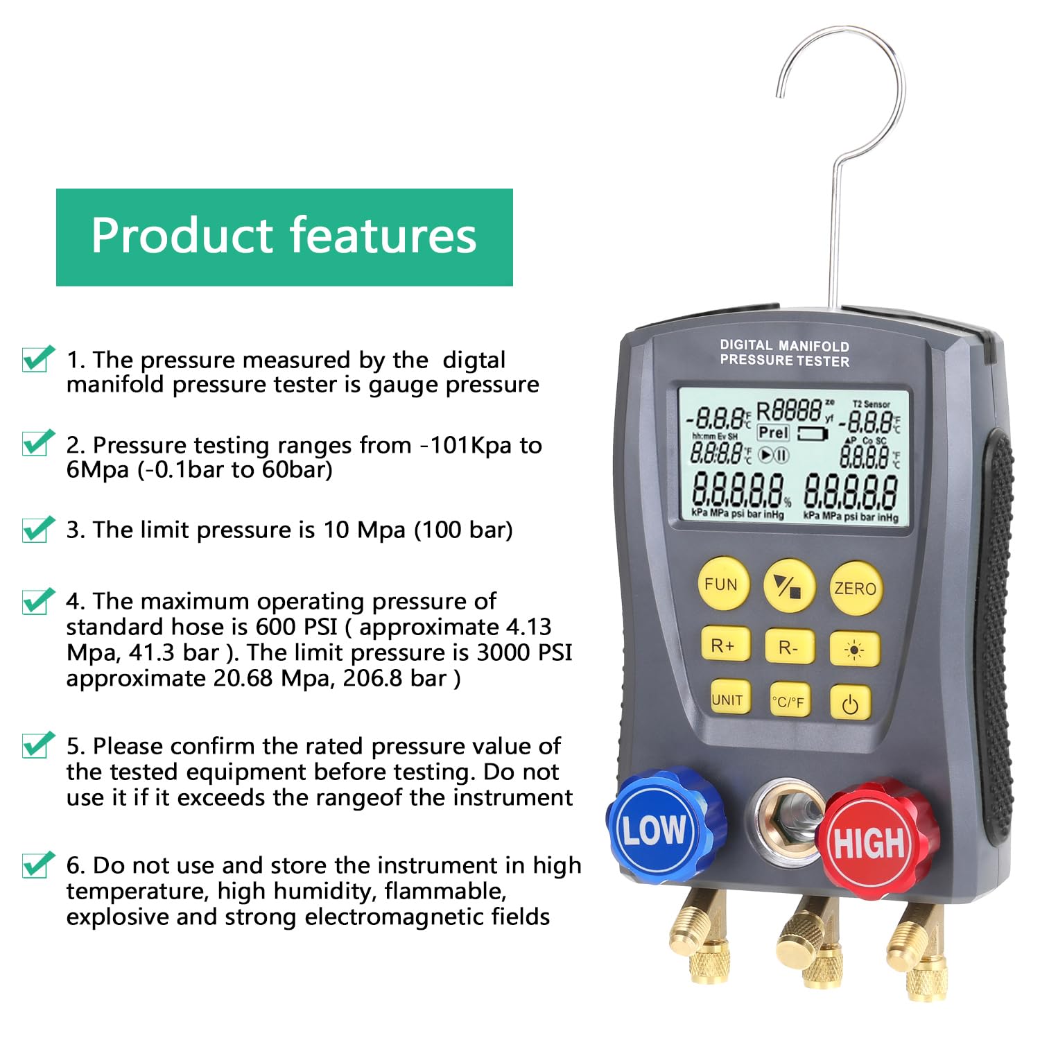 RSFIL Manometro di raffreddamento digitale vuoto pressione collettore tester misuratore di riscaldamento ventilazione e aria condizionata temperatura tester valvole kit di strumenti