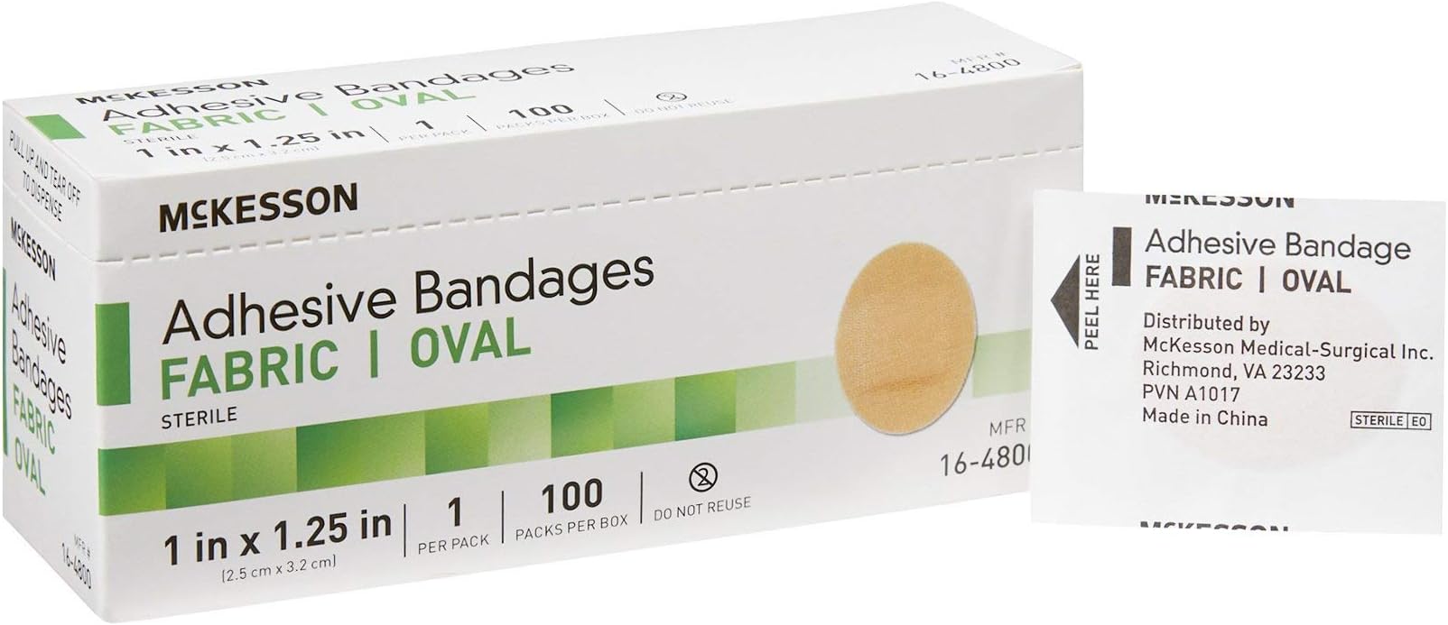 McKesson Adhesive Bandages, Sterile, Fabric Oval, 1 in x 1 1/4 in, 100 Count, 1 Pack