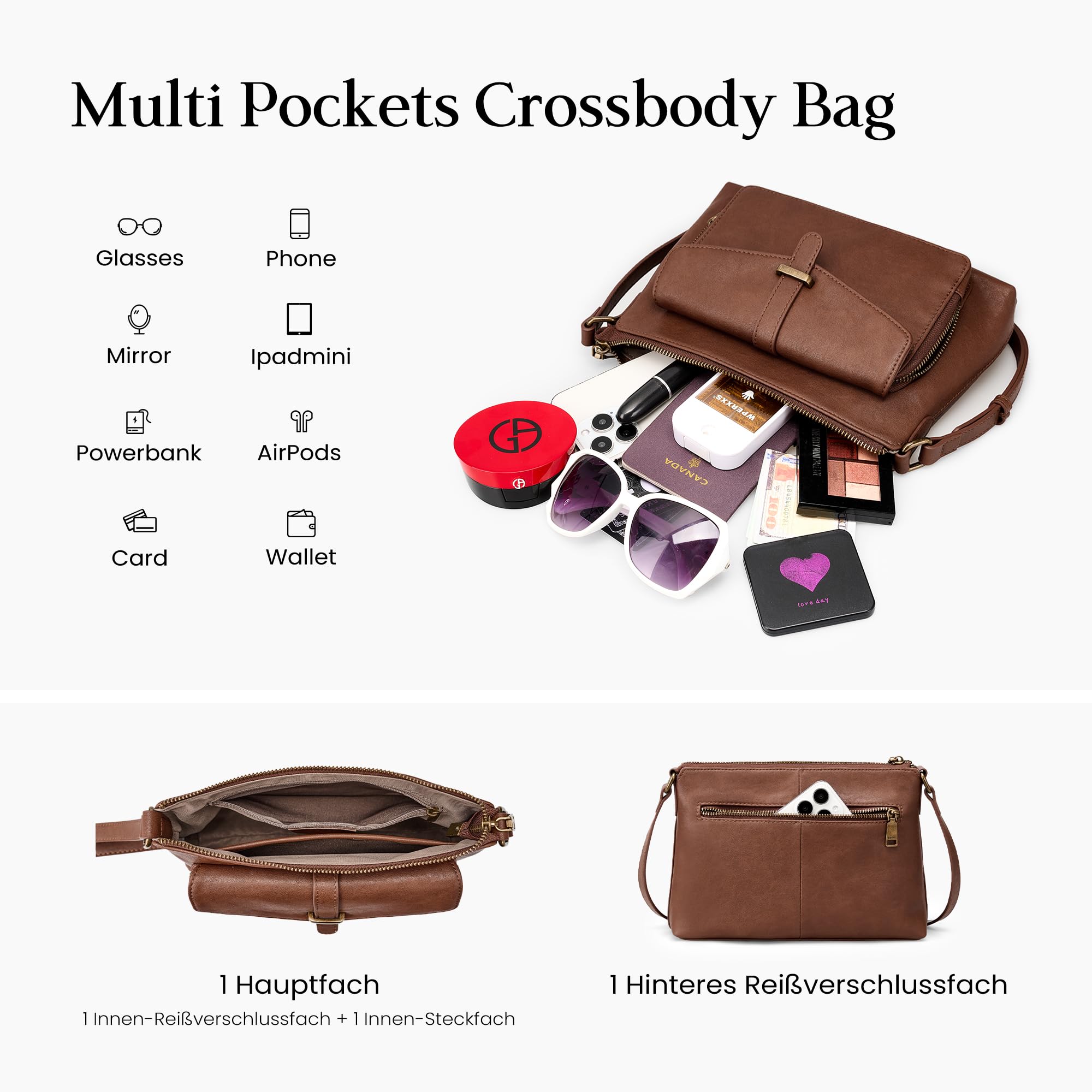 befen Echtleder Umhängetasche Damen Mittelgroß, RFID-Blockierung Handtasche | Leder Crossbody Bag Klein Vintage Schultertasche für Frauen mit integrierter Brieftasche