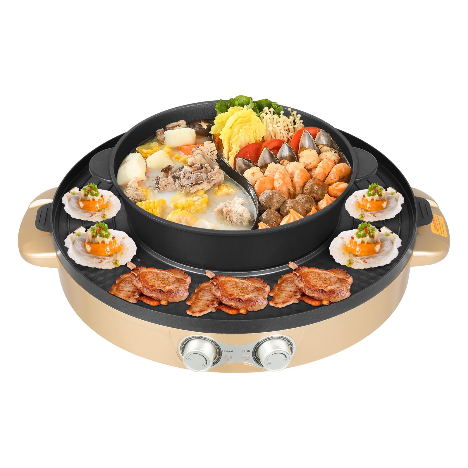2200 W Hot Pot Barbecue 2 w 1 elektryczny gorący garnek i grill raclette Hot Pot Wielofunkcyjny łatwy do czyszczenia domowy grill Hotpot i grill (złoty)