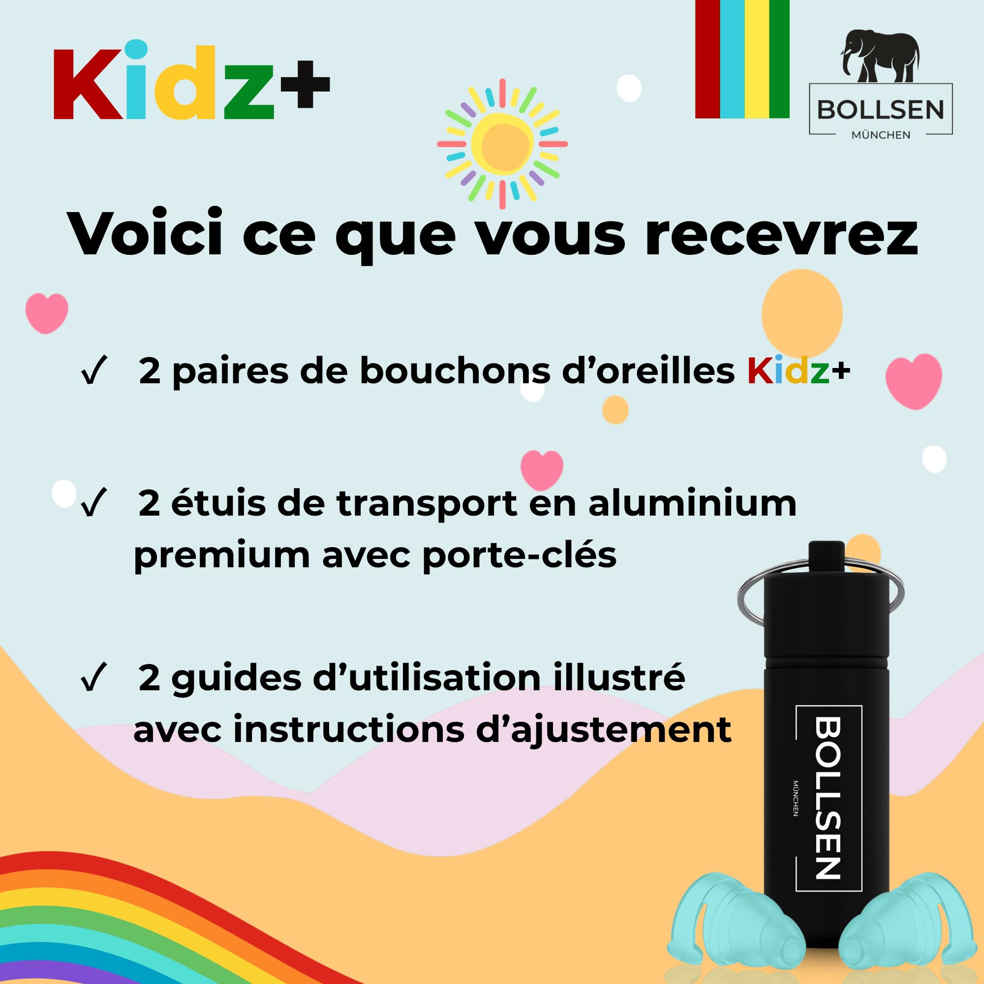 BOLLSEN Bouchons d’oreilles pour enfants – Réduction du bruit de 24 dB SNR, étanches pour la natation, le sommeil, les voyages et l’école – Réutilisables et confortables (2)