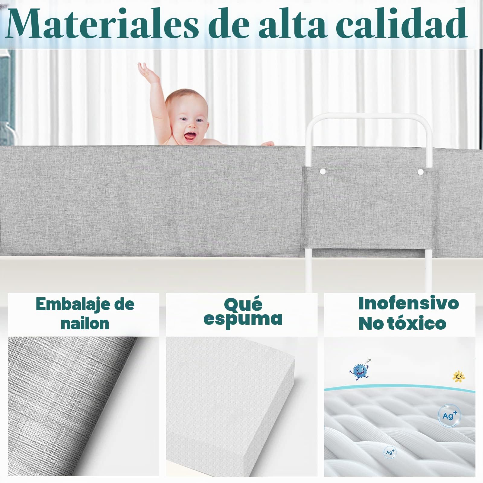 YUENFONG Barrera de cama de 150 cm, protección contra caídas para niños, deformable, protección lateral con 5 agujeros, ajustable, antideslizante, color gris lino