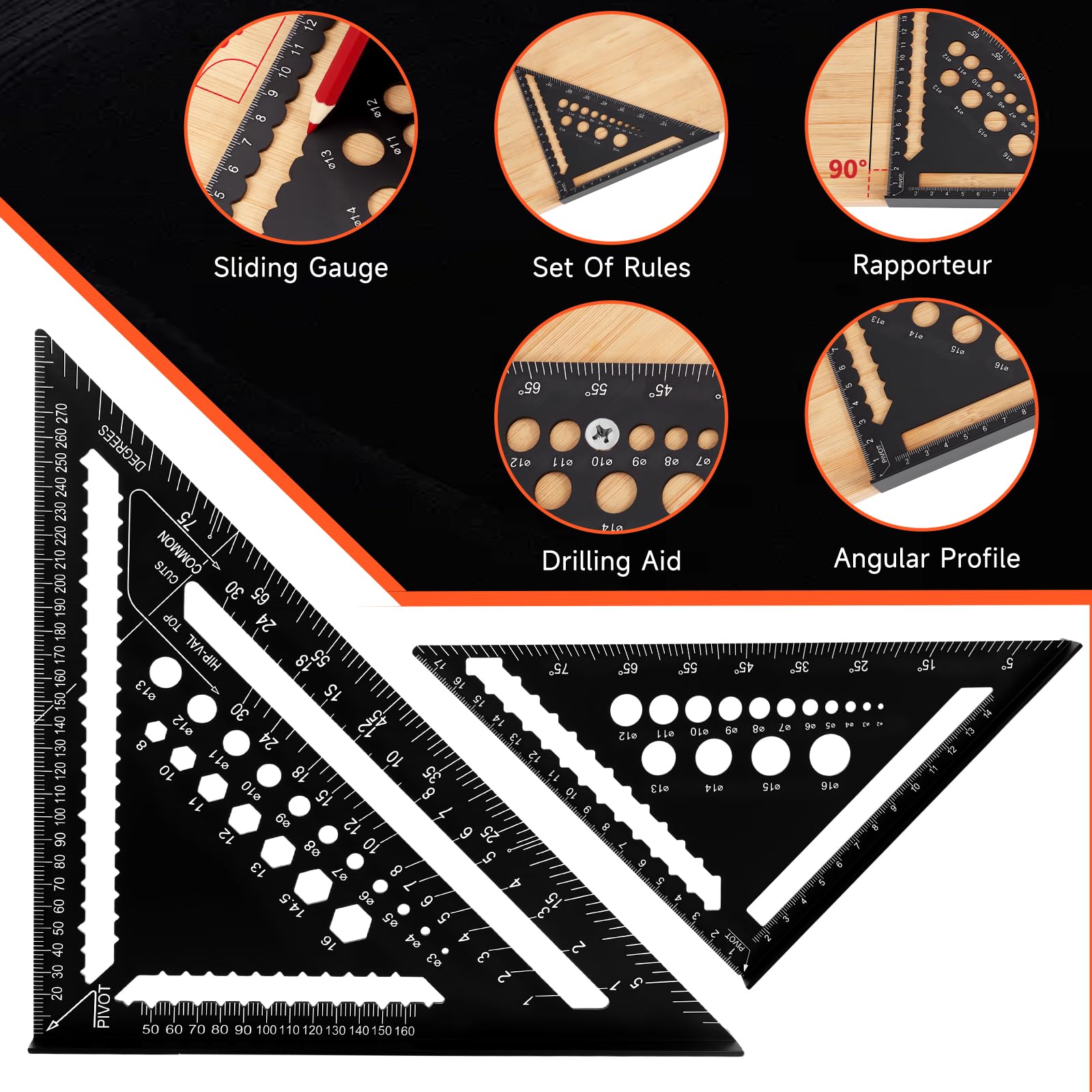 Équerre Menuisier, Set 2 Pièces, Multifonctionnel Outil de Charpentier pour Mesure d'Angles et Traçage, Règle Triangulaire en Aluminium 18cm et 30cm, pour Angles de 45° et 90°