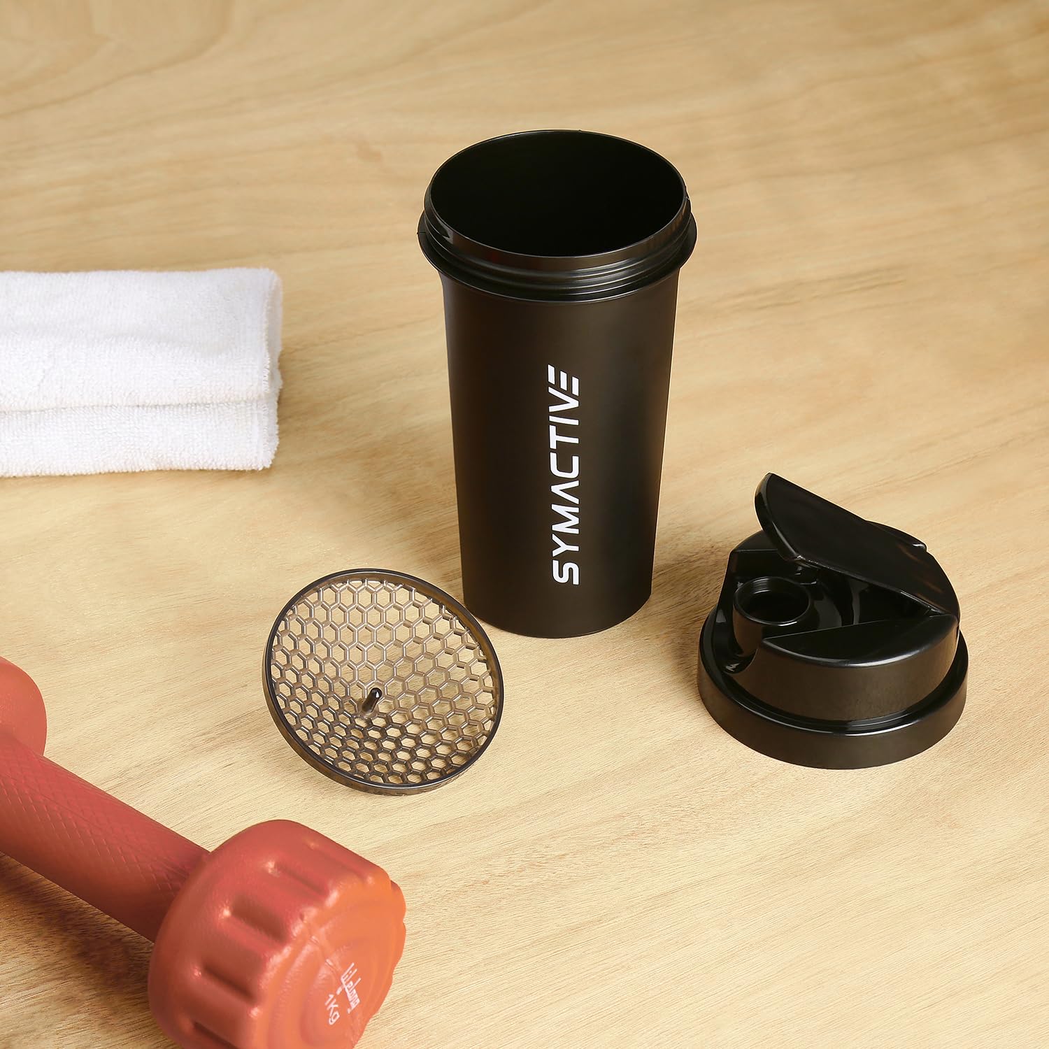 Amazon Brand - Symactive Leakproof Unbreakable Sports Shaker Bottle with Strainer, Anti Odour Large Spout & Flip Lid, BPA-Free (Color: Black, 700 ml),Plastic - Image 4 thumbnail