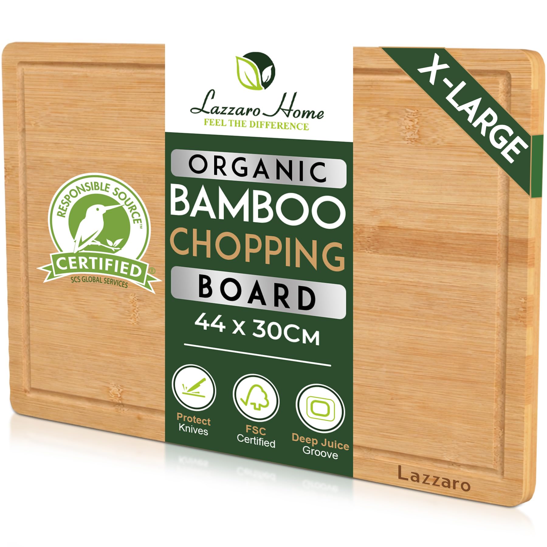 Lazzaro X-Large Bamboo Chopping Board (44 x 30 x 2cm) - Double Sided Wooden Cutting Board - Durable Kitchen Chopping Board for Meat, Fish, Vegetables, Fruit, Bread & Cheese