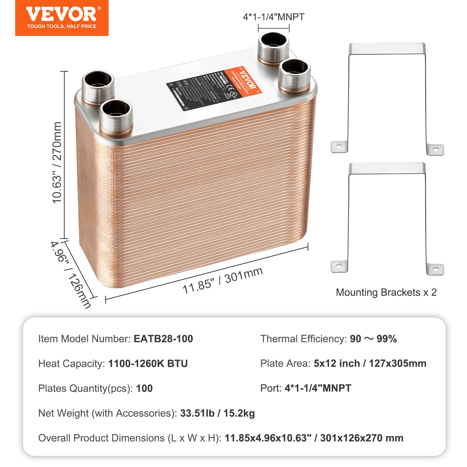 VEVOR Scambiatore di Calore, Piastre Brasate in Rame o Acciaio Inossidabile 316 L 127x305 mm, 100 Piastre, per Riscaldamento a Pavimento, Riscaldamento Acqua, Scioglimento Neve, Raffreddamento Birra