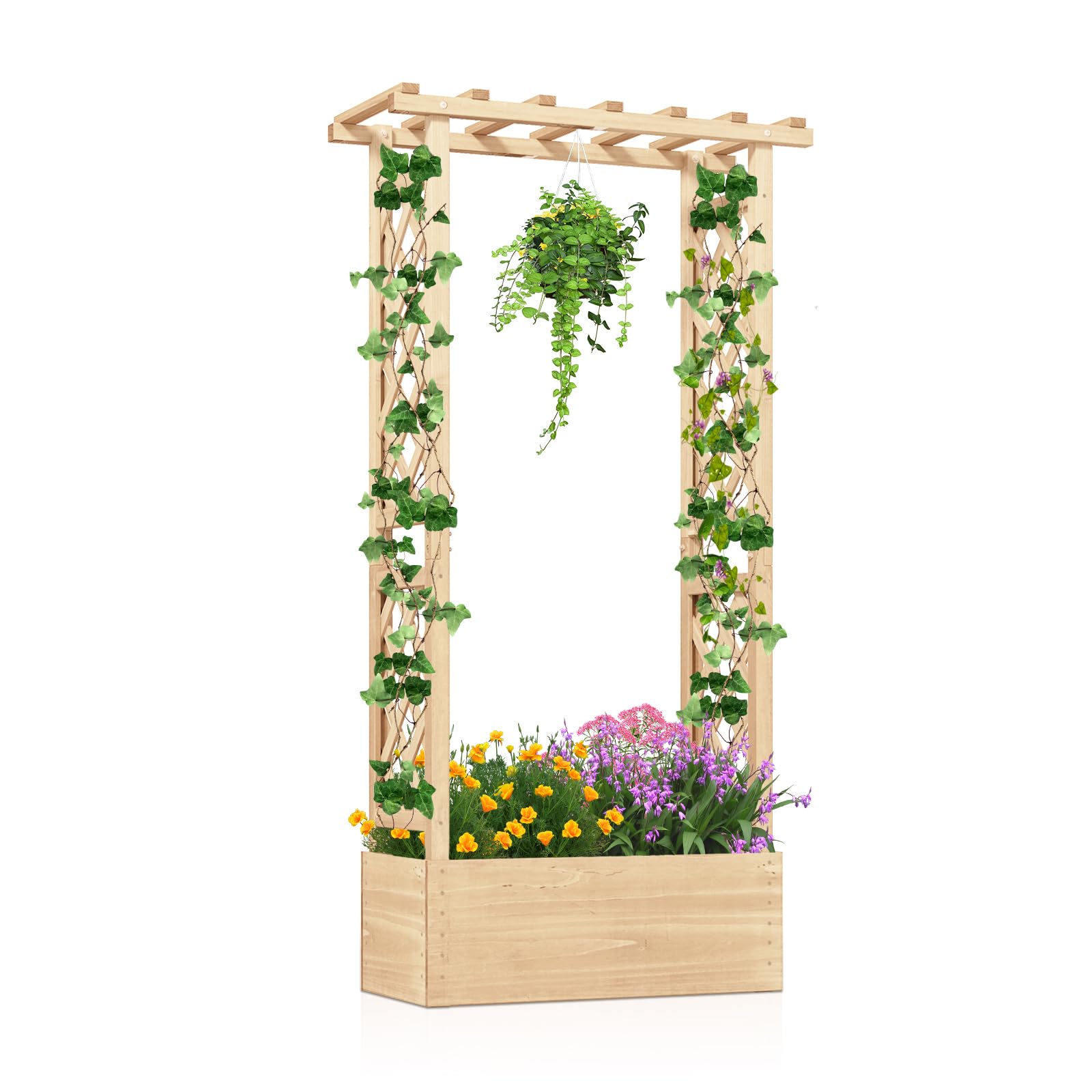 COSTWAY Cama de Jardín Elevada con Enrejado, Jardinera de Madera Independiente con Techo para Colgar, Agujeros de Drenaje para Plantas Trepadoras, Flores, Maceta de Plantación para Patio (Natural)
